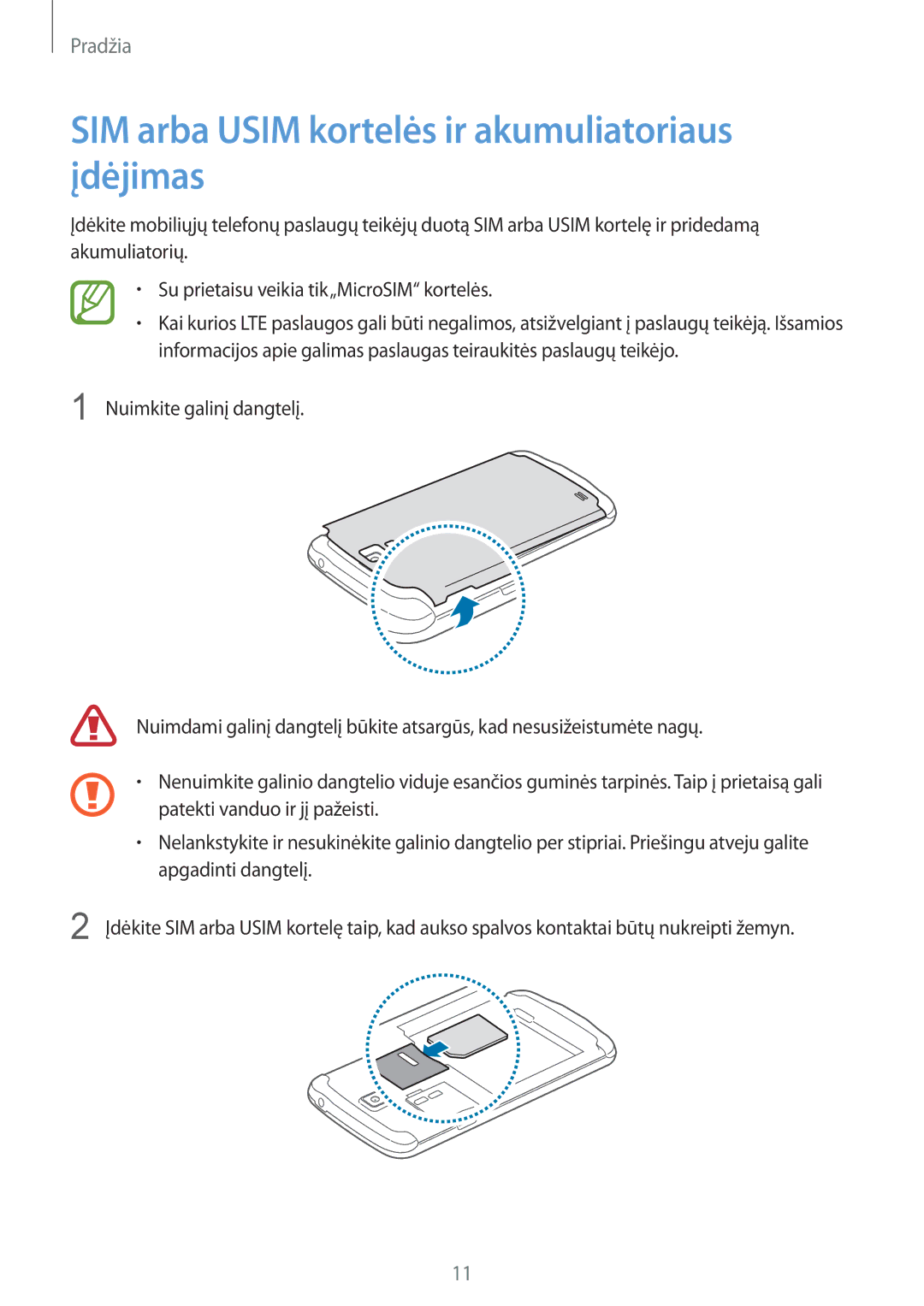 Samsung GT-I9295ZBASEB, GT-I9295ZOASEB, GT-I9295ZAASEB manual SIM arba Usim kortelės ir akumuliatoriaus įdėjimas 