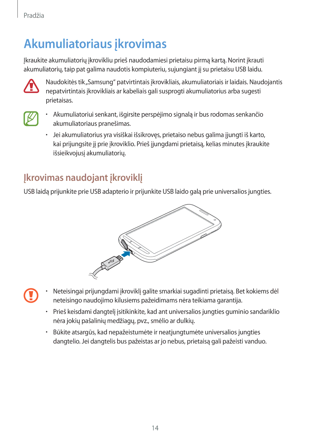 Samsung GT-I9295ZBASEB, GT-I9295ZOASEB, GT-I9295ZAASEB manual Akumuliatoriaus įkrovimas, Įkrovimas naudojant įkroviklį 