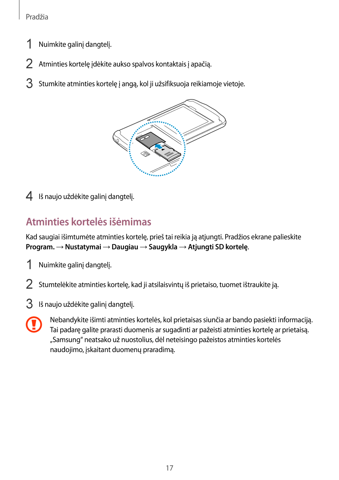 Samsung GT-I9295ZBASEB, GT-I9295ZOASEB, GT-I9295ZAASEB manual Atminties kortelės išėmimas 