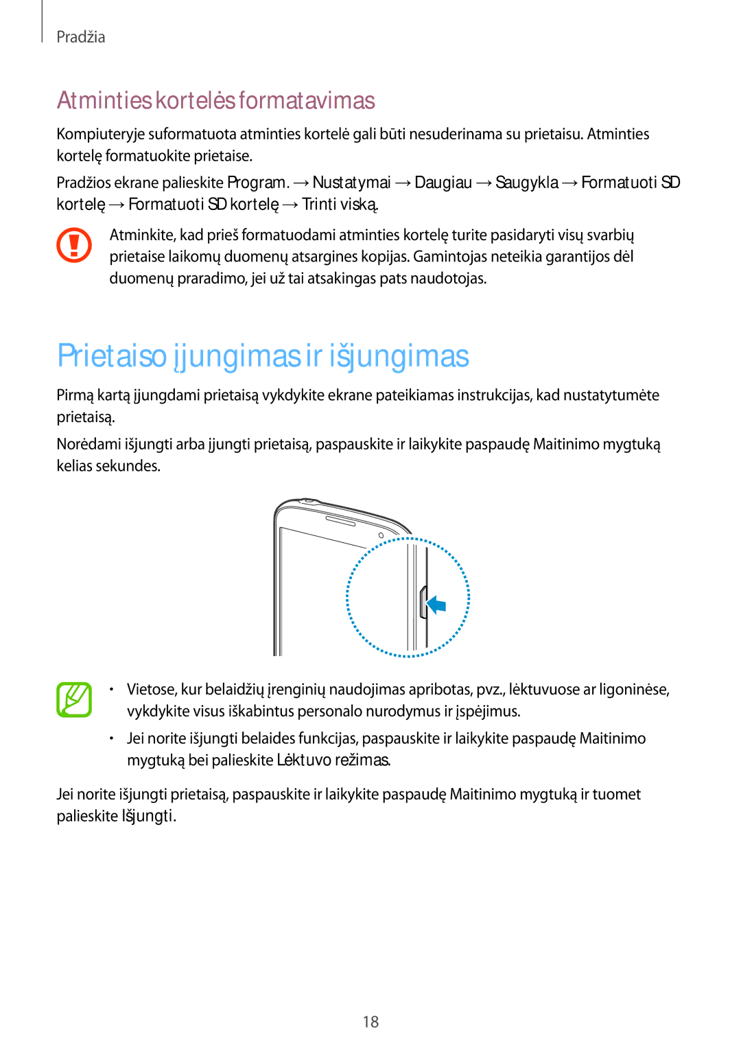 Samsung GT-I9295ZOASEB, GT-I9295ZAASEB, GT-I9295ZBASEB Prietaiso įjungimas ir išjungimas, Atminties kortelės formatavimas 