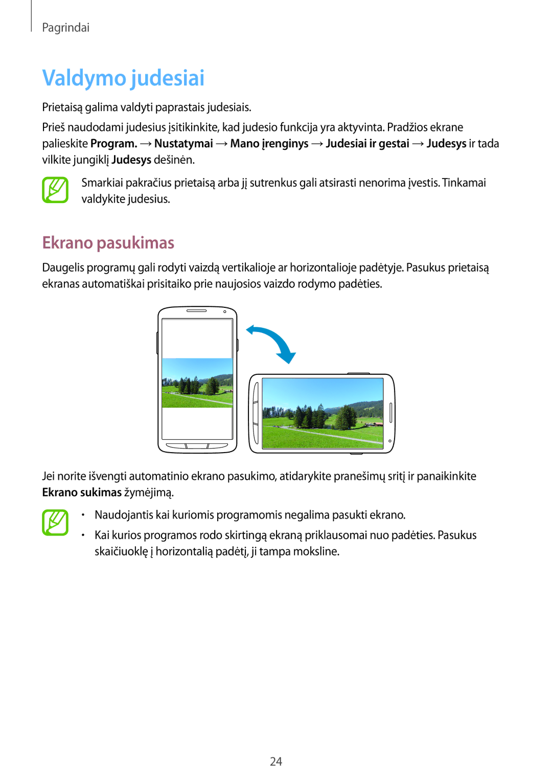 Samsung GT-I9295ZOASEB, GT-I9295ZAASEB, GT-I9295ZBASEB manual Valdymo judesiai, Ekrano pasukimas 