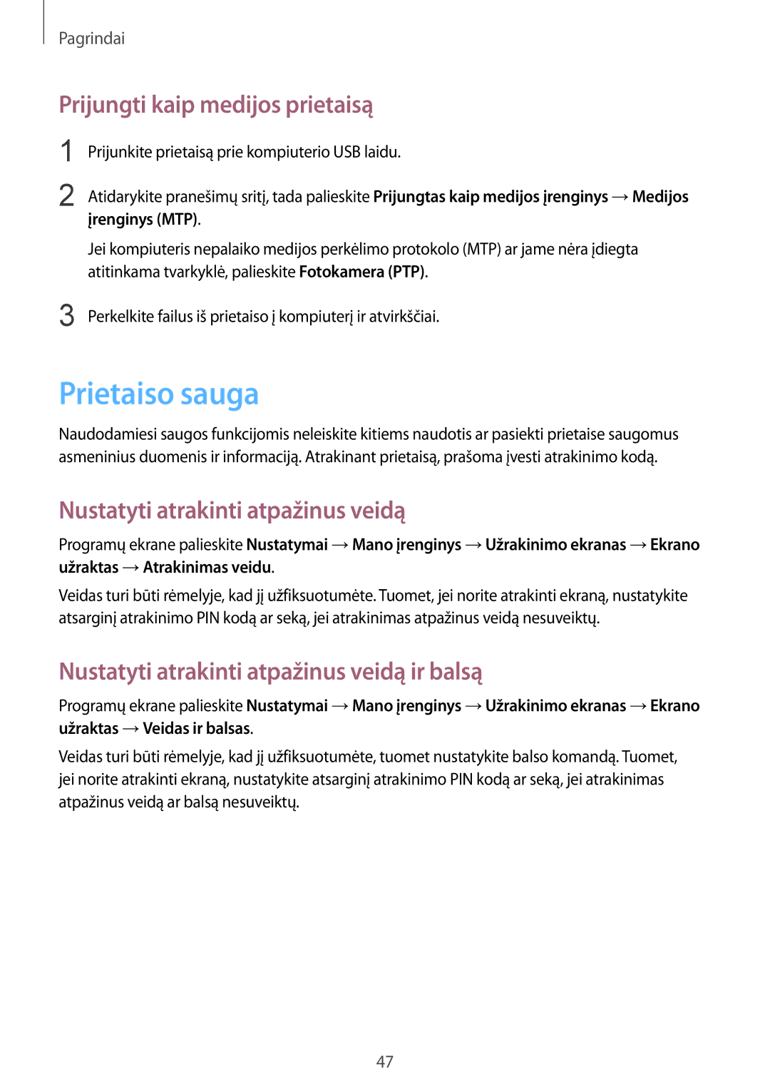 Samsung GT-I9295ZBASEB manual Prietaiso sauga, Prijungti kaip medijos prietaisą, Nustatyti atrakinti atpažinus veidą 