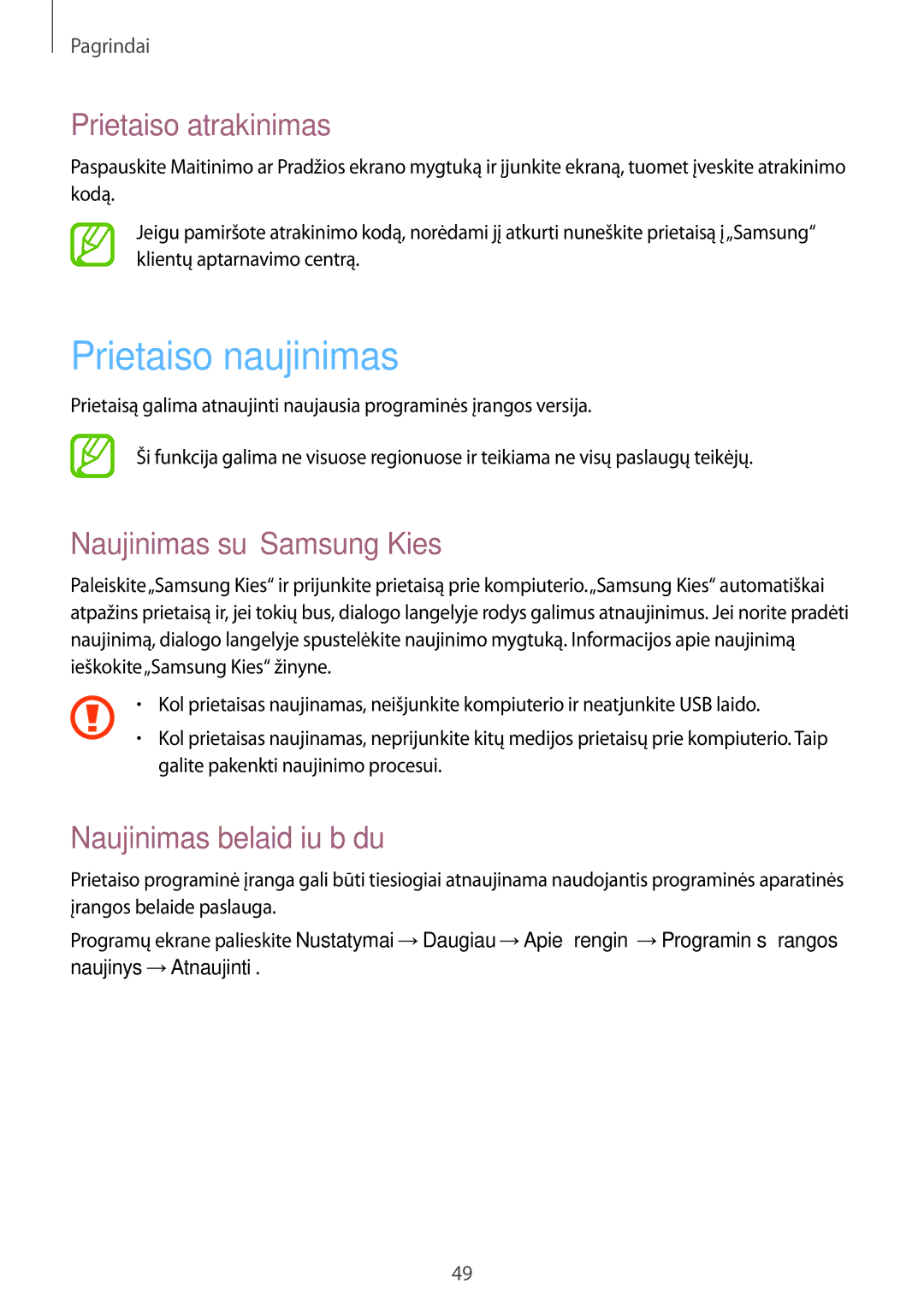 Samsung GT-I9295ZAASEB Prietaiso naujinimas, Prietaiso atrakinimas, Naujinimas su„Samsung Kies, Naujinimas belaidžiu būdu 