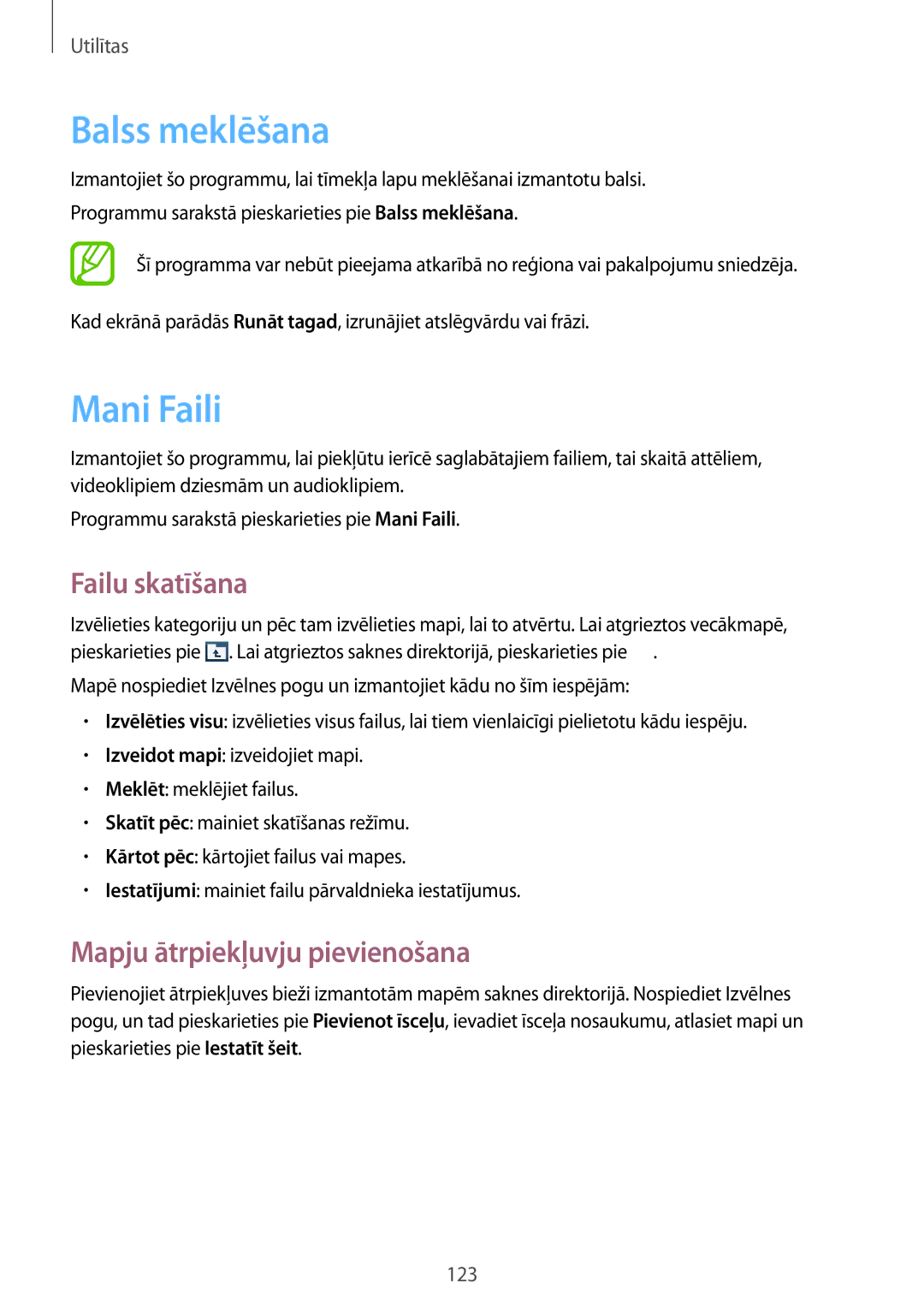 Samsung GT-I9295ZOASEB, GT-I9295ZAASEB, GT-I9295ZBASEB manual Balss meklēšana, Mani Faili, Mapju ātrpiekļuvju pievienošana 