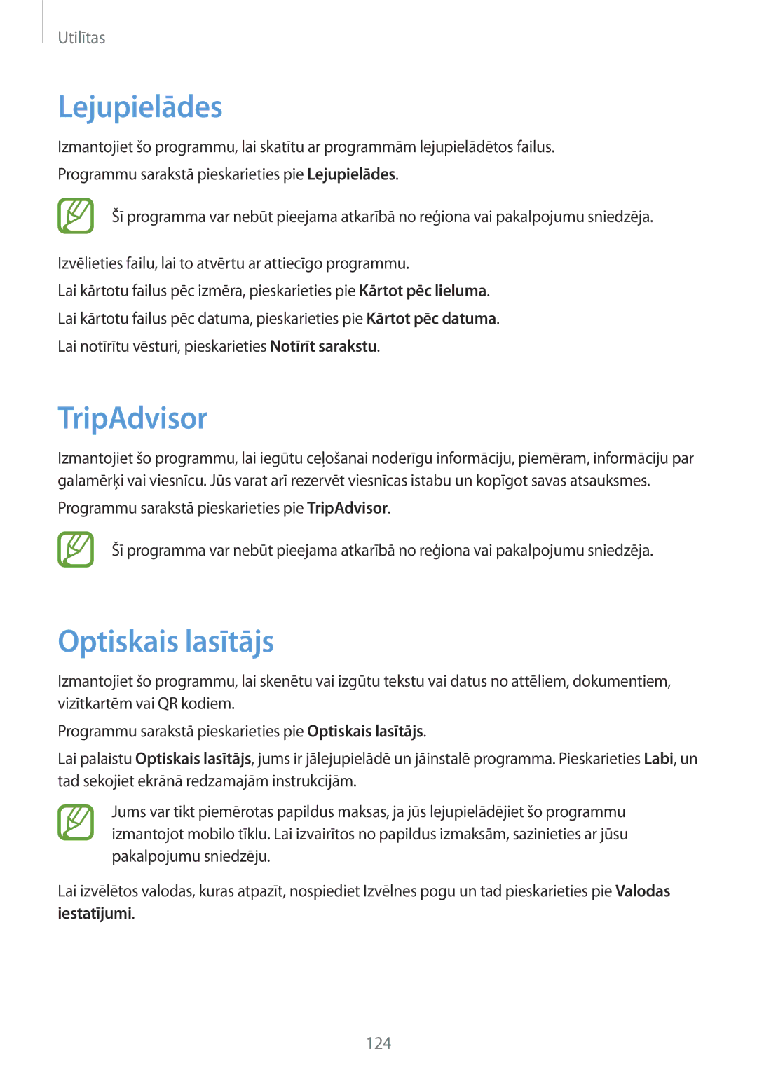 Samsung GT-I9295ZAASEB, GT-I9295ZOASEB, GT-I9295ZBASEB manual Lejupielādes, TripAdvisor, Optiskais lasītājs 