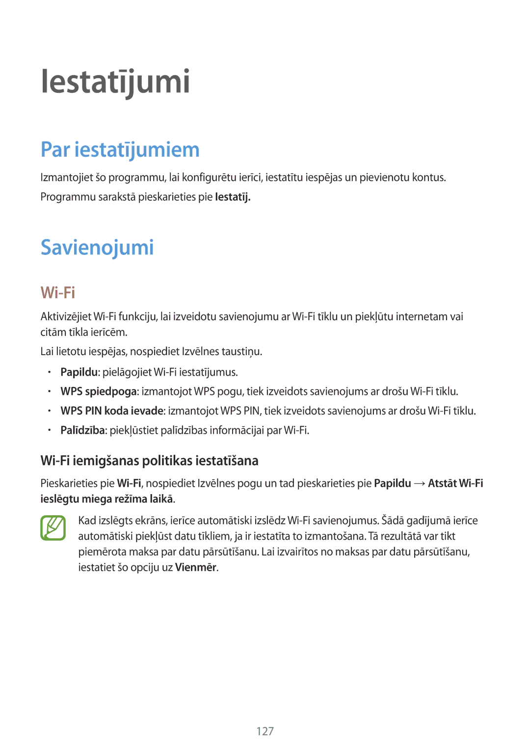 Samsung GT-I9295ZAASEB manual Iestatījumi, Par iestatījumiem, Savienojumi, Wi-Fi iemigšanas politikas iestatīšana 