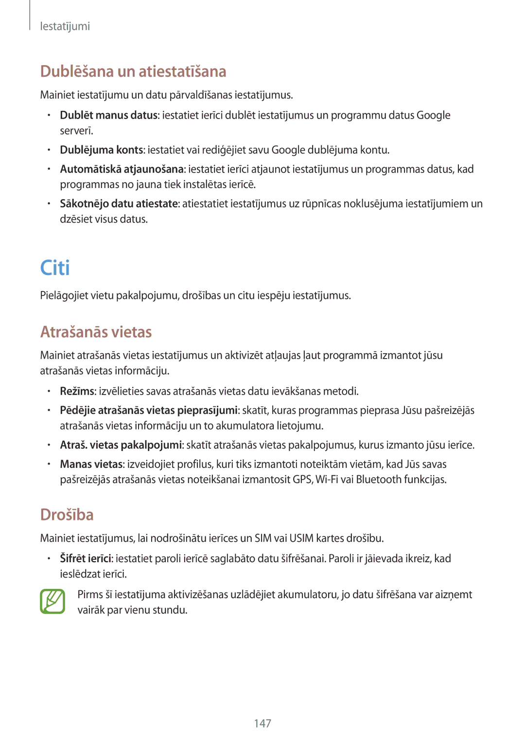 Samsung GT-I9295ZOASEB, GT-I9295ZAASEB, GT-I9295ZBASEB manual Citi, Dublēšana un atiestatīšana, Atrašanās vietas, Drošība 