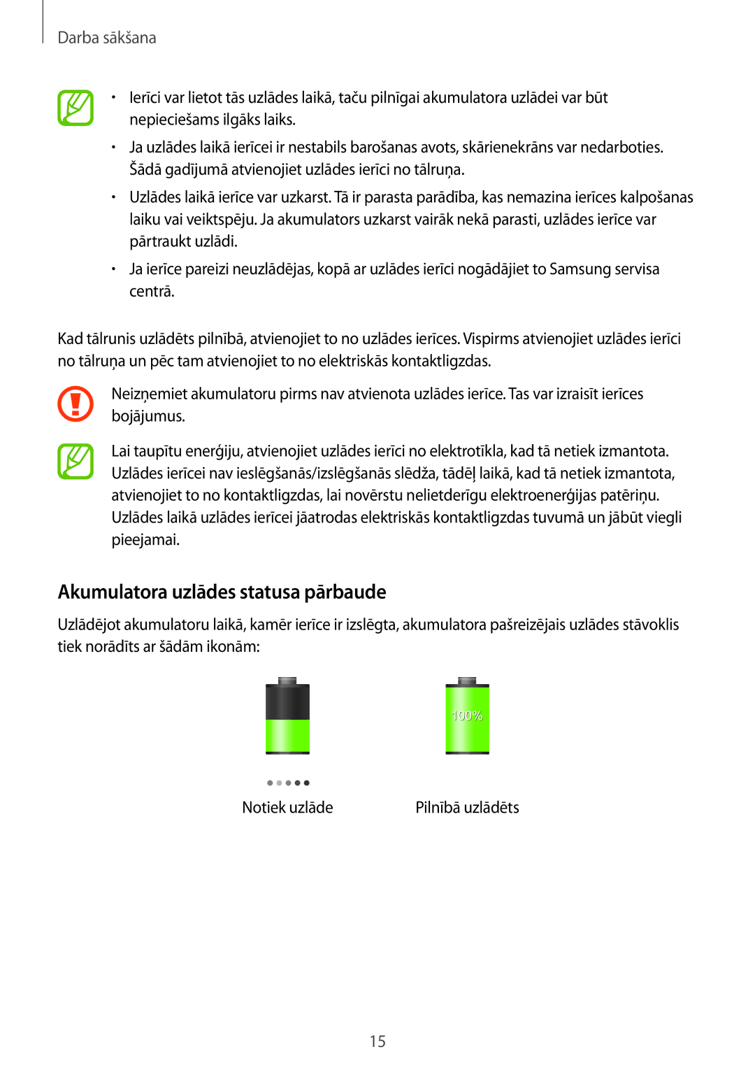 Samsung GT-I9295ZOASEB, GT-I9295ZAASEB, GT-I9295ZBASEB manual Akumulatora uzlādes statusa pārbaude 