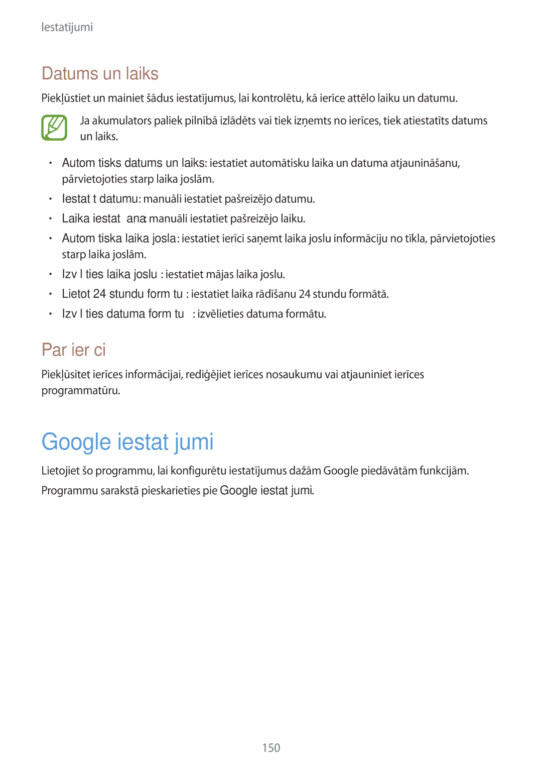 Samsung GT-I9295ZOASEB, GT-I9295ZAASEB, GT-I9295ZBASEB manual Google iestatījumi, Datums un laiks, Par ierīci 