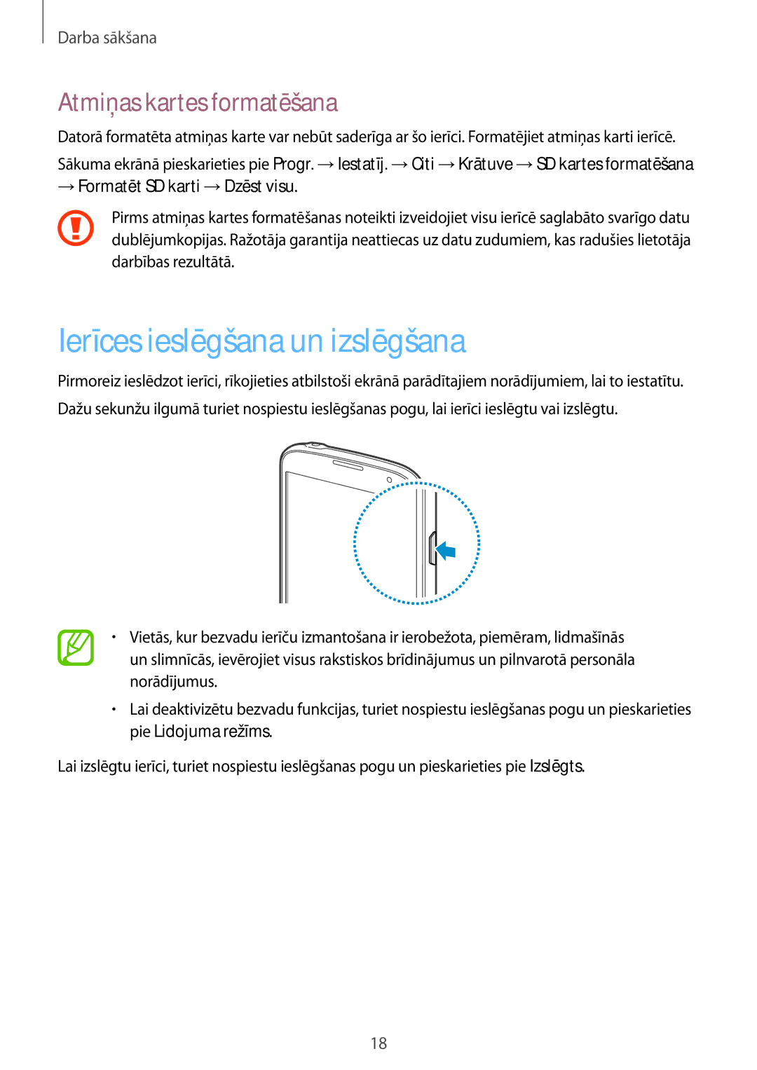 Samsung GT-I9295ZOASEB manual Ierīces ieslēgšana un izslēgšana, Atmiņas kartes formatēšana, → Formatēt SD karti →Dzēst visu 