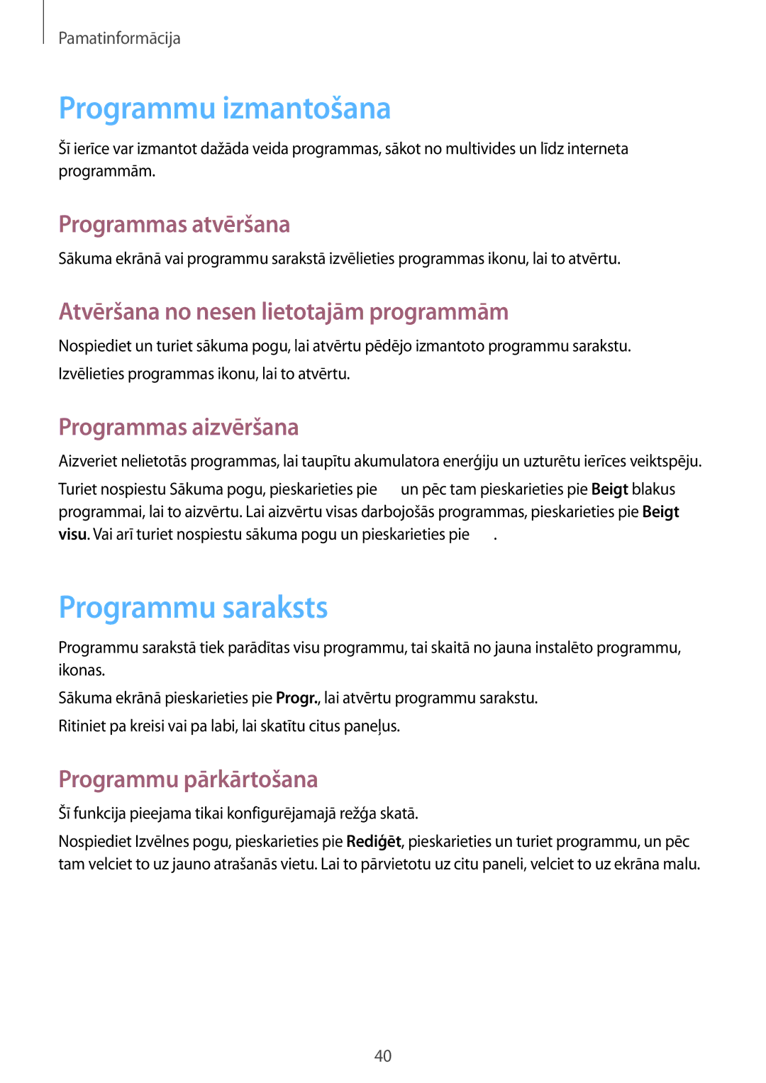 Samsung GT-I9295ZAASEB, GT-I9295ZOASEB, GT-I9295ZBASEB manual Programmu izmantošana, Programmu saraksts 