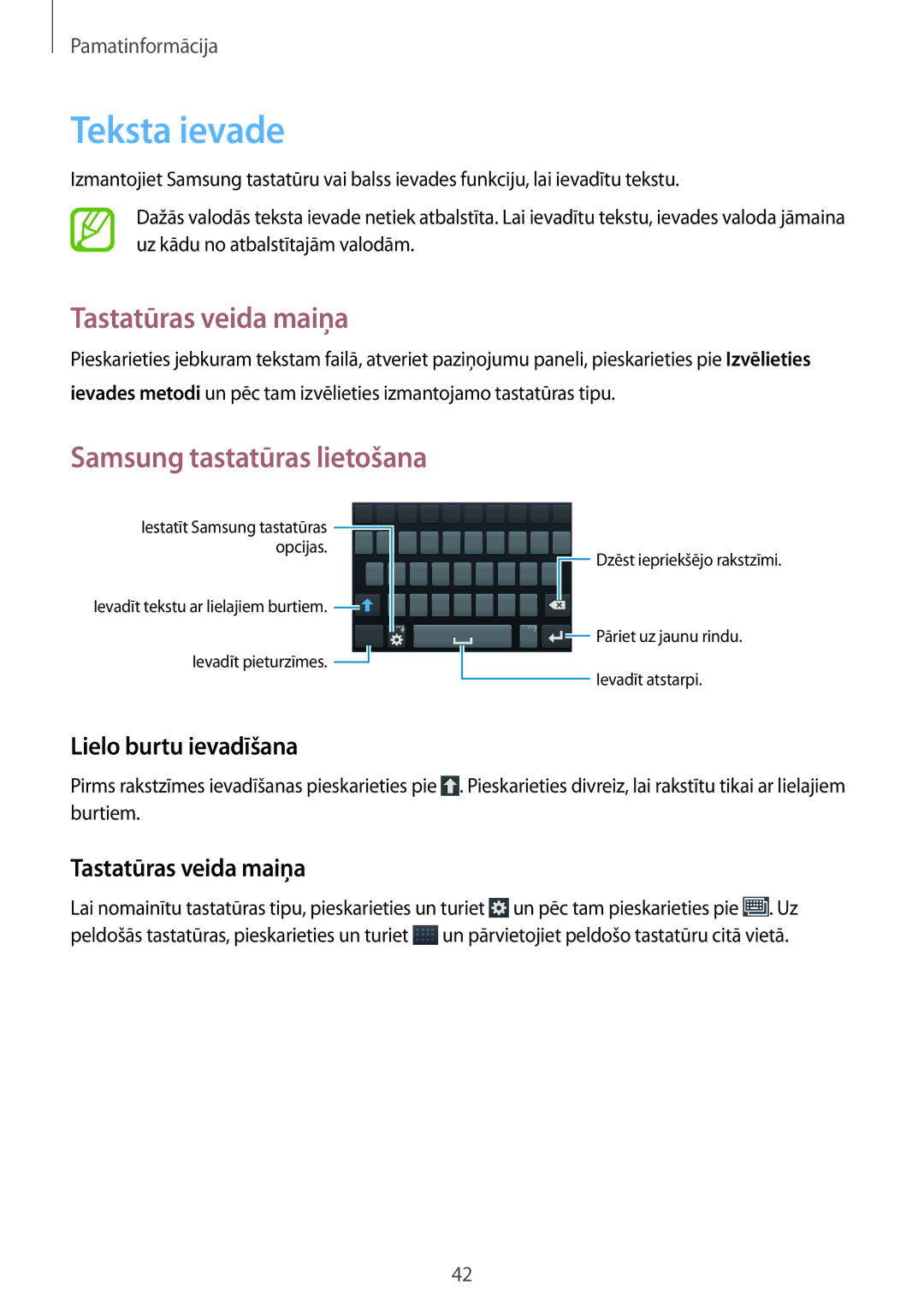 Samsung GT-I9295ZOASEB, GT-I9295ZAASEB, GT-I9295ZBASEB manual Teksta ievade, Tastatūras veida maiņa, Lielo burtu ievadīšana 