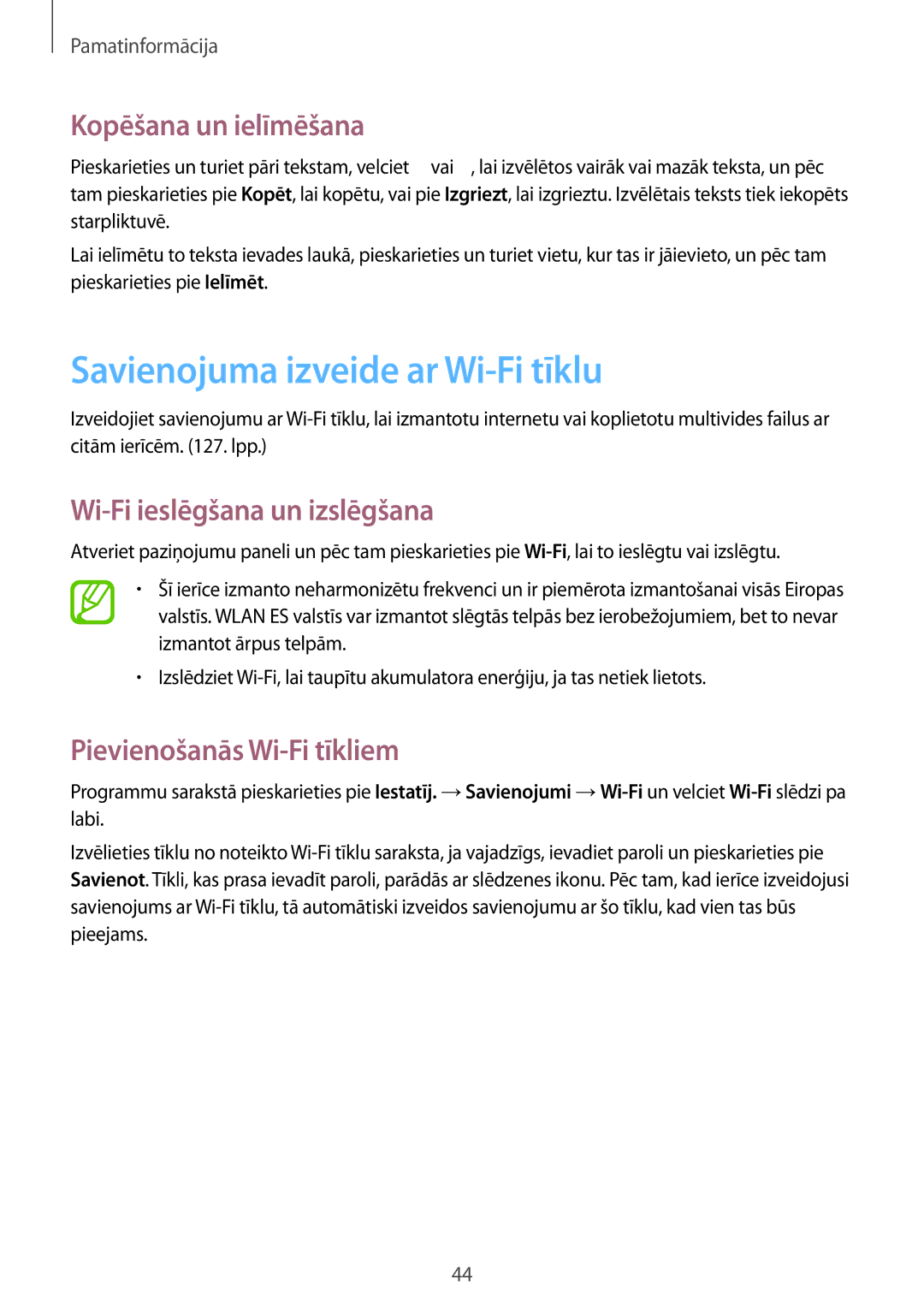 Samsung GT-I9295ZBASEB manual Savienojuma izveide ar Wi-Fi tīklu, Kopēšana un ielīmēšana, Wi-Fi ieslēgšana un izslēgšana 