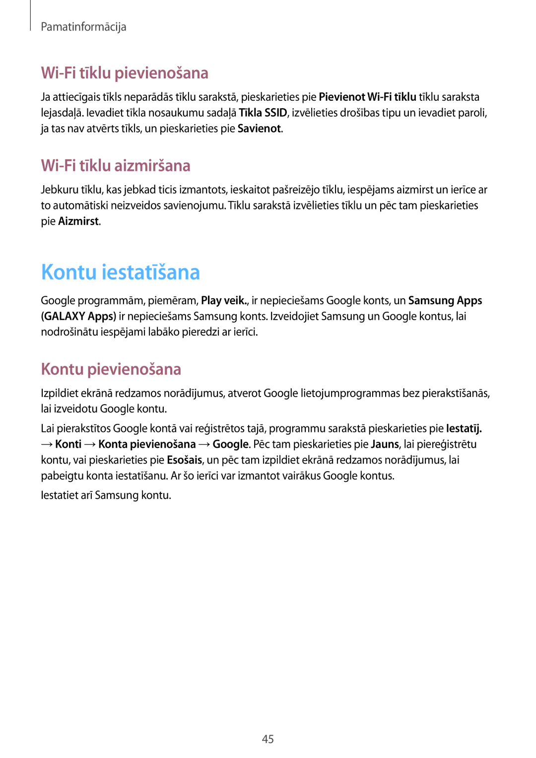 Samsung GT-I9295ZOASEB manual Kontu iestatīšana, Wi-Fi tīklu pievienošana, Wi-Fi tīklu aizmiršana, Kontu pievienošana 
