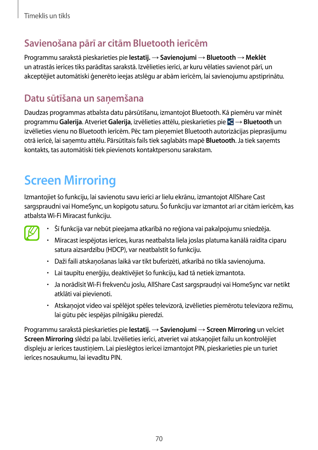 Samsung GT-I9295ZAASEB manual Screen Mirroring, Savienošana pārī ar citām Bluetooth ierīcēm, Datu sūtīšana un saņemšana 