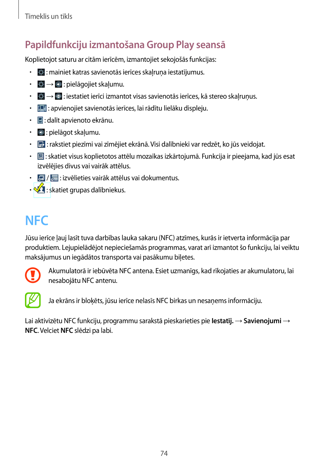 Samsung GT-I9295ZBASEB, GT-I9295ZOASEB, GT-I9295ZAASEB manual Nfc, Papildfunkciju izmantošana Group Play seansā 