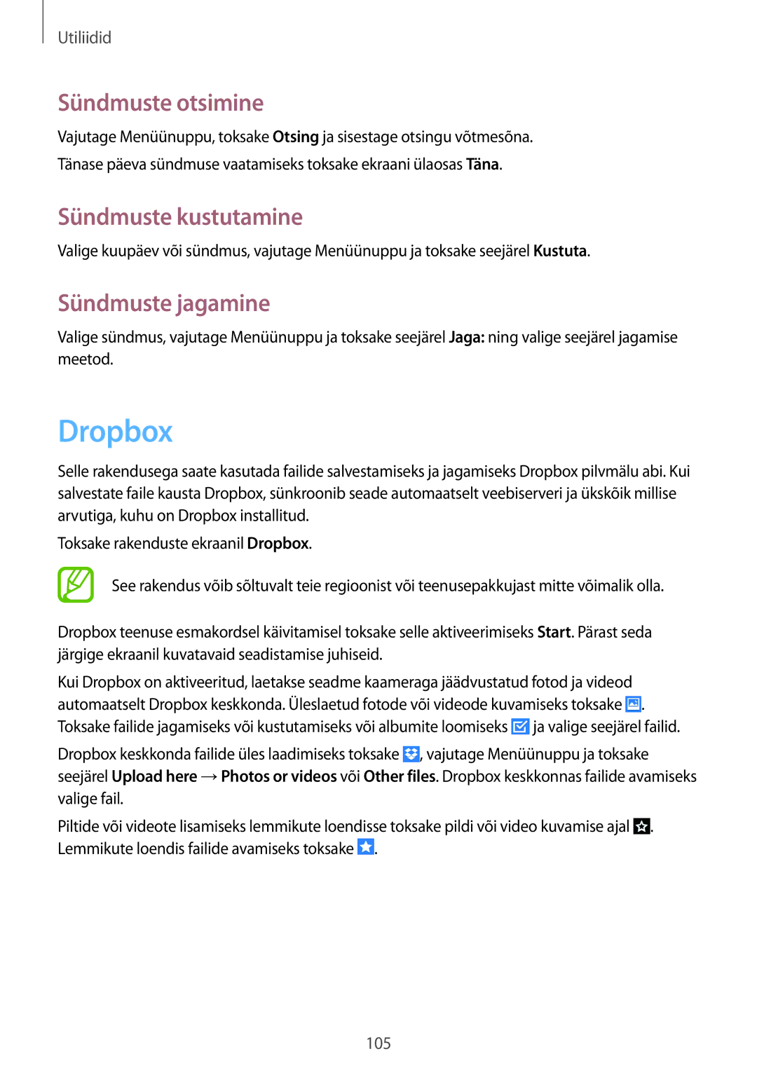 Samsung GT-I9295ZOASEB, GT-I9295ZAASEB manual Dropbox, Sündmuste otsimine, Sündmuste kustutamine, Sündmuste jagamine 