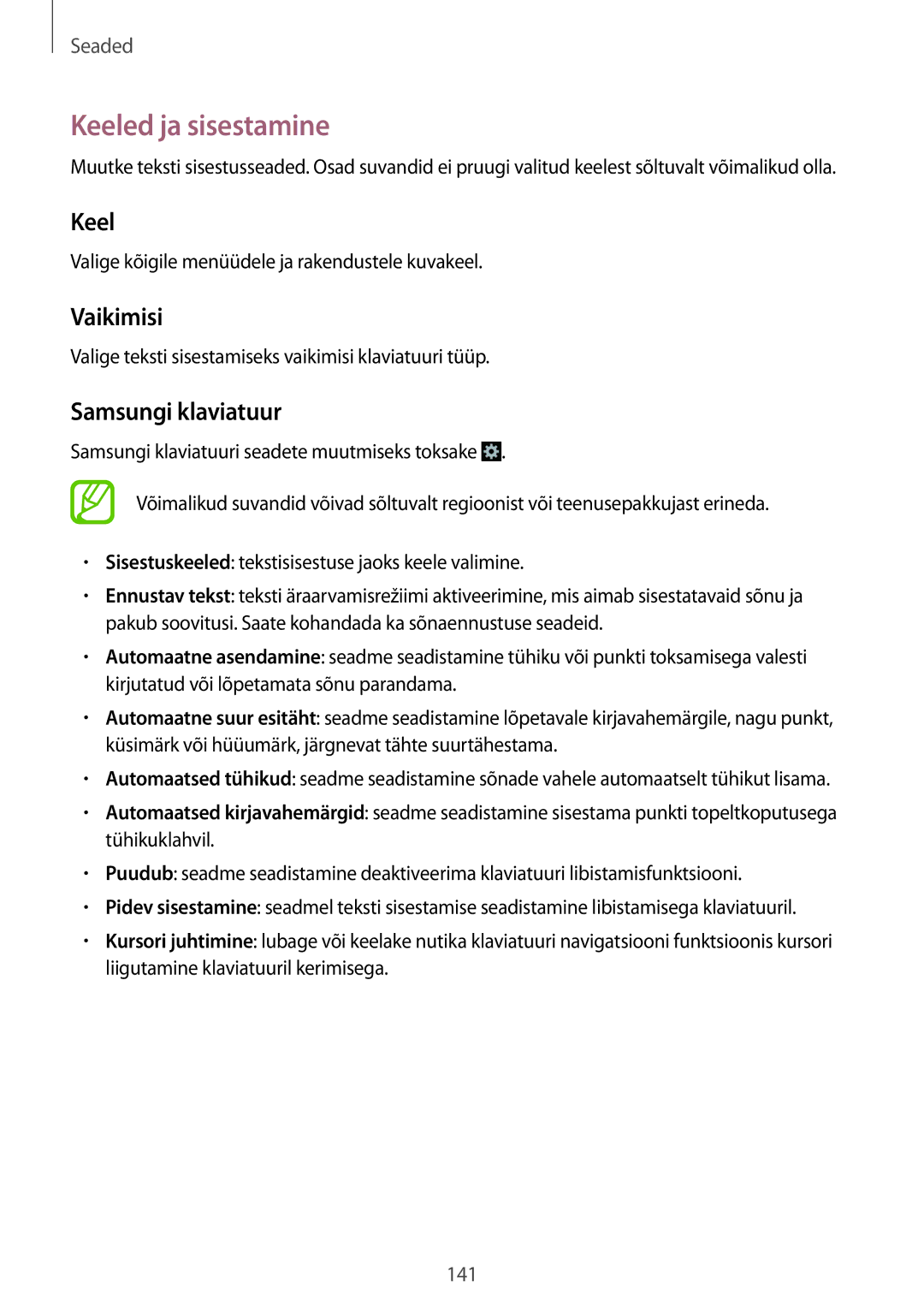 Samsung GT-I9295ZOASEB, GT-I9295ZAASEB, GT-I9295ZBASEB manual Keeled ja sisestamine, Vaikimisi, Samsungi klaviatuur 