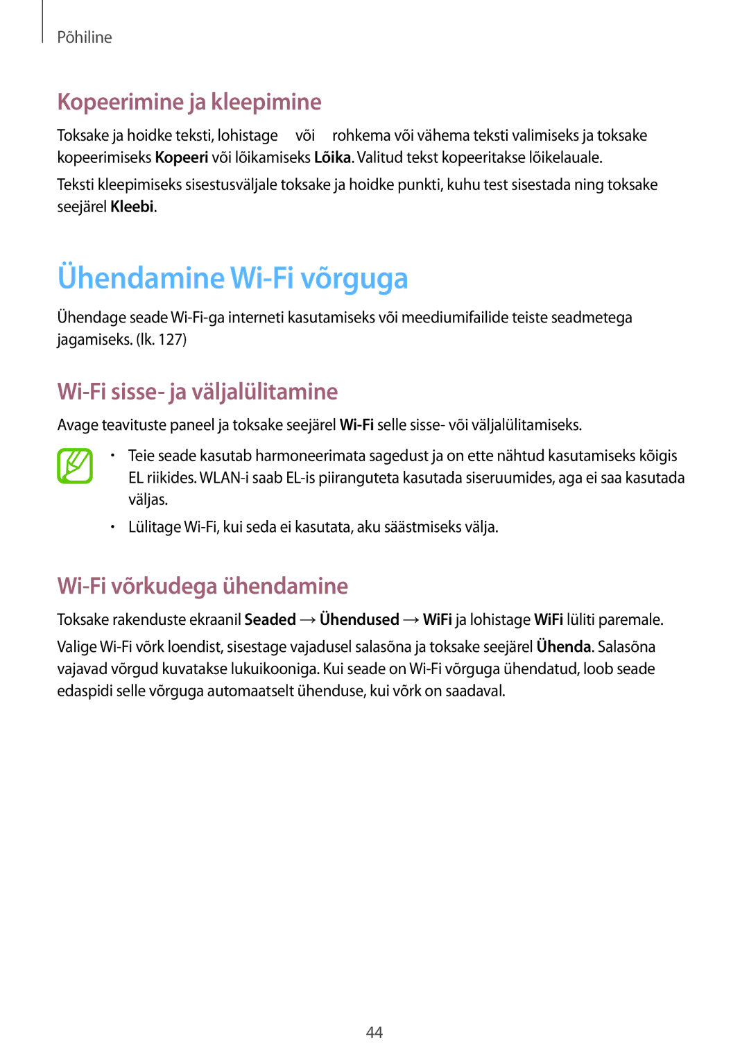 Samsung GT-I9295ZBASEB manual Ühendamine Wi-Fi võrguga, Kopeerimine ja kleepimine, Wi-Fi sisse- ja väljalülitamine 