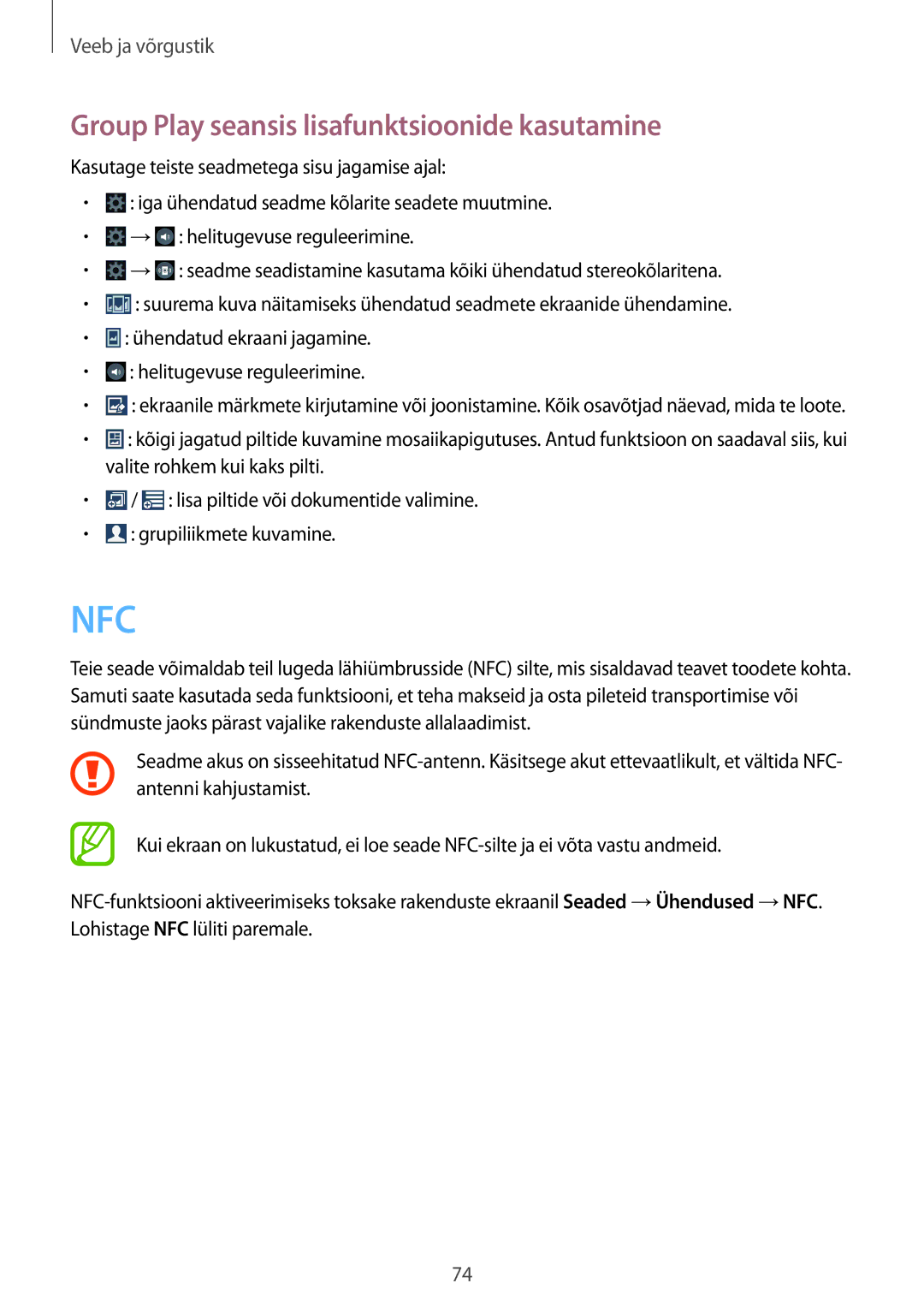 Samsung GT-I9295ZBASEB, GT-I9295ZOASEB, GT-I9295ZAASEB manual Nfc, Group Play seansis lisafunktsioonide kasutamine 