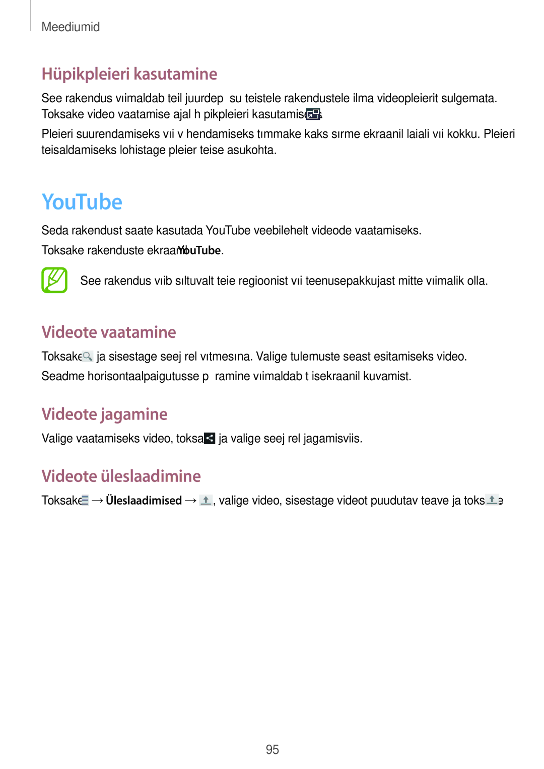 Samsung GT-I9295ZBASEB, GT-I9295ZOASEB manual YouTube, Hüpikpleieri kasutamine, Videote vaatamine, Videote üleslaadimine 