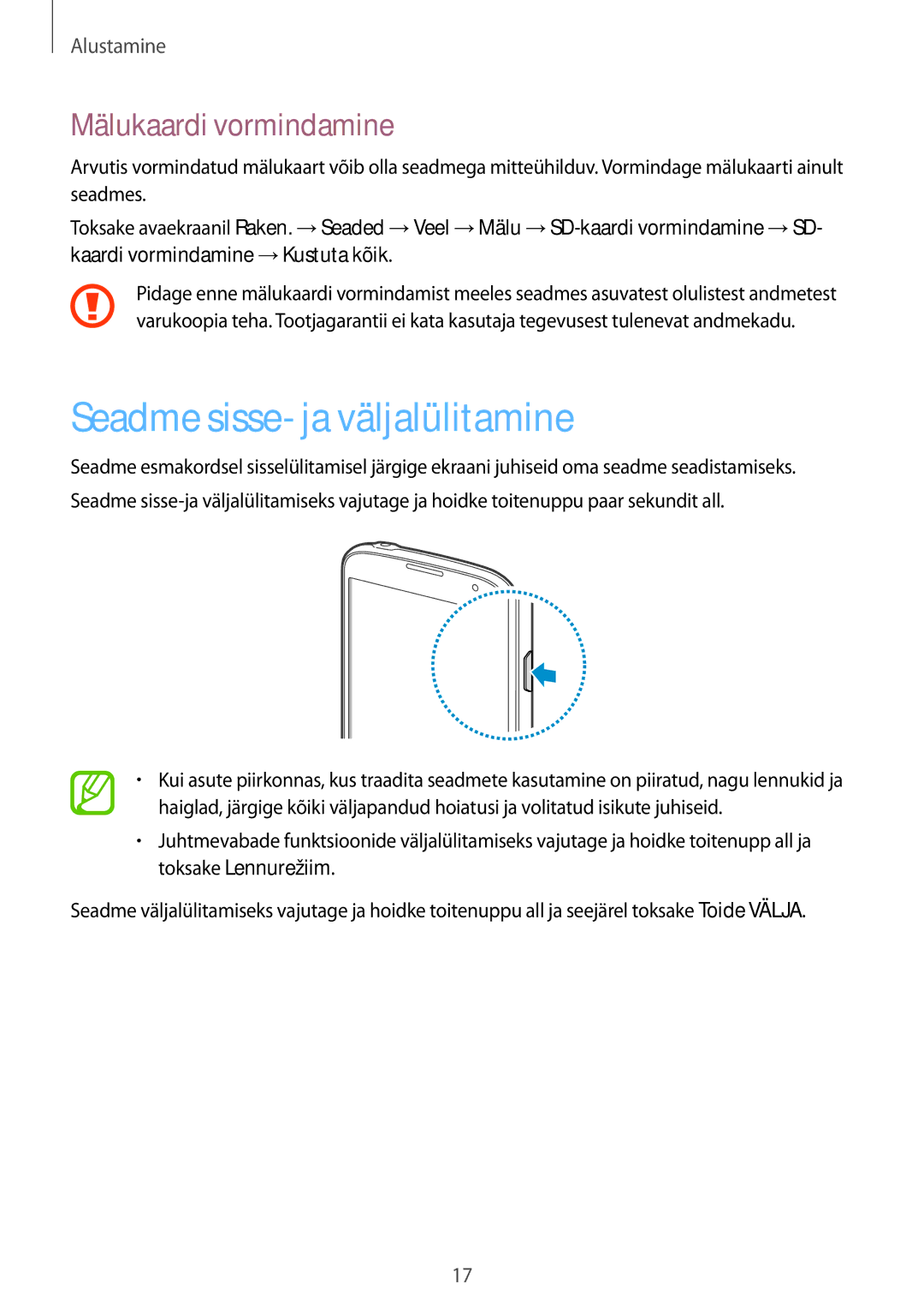 Samsung GT-I9295ZBASEB, GT-I9295ZOASEB, GT-I9295ZAASEB manual Seadme sisse- ja väljalülitamine, Mälukaardi vormindamine 