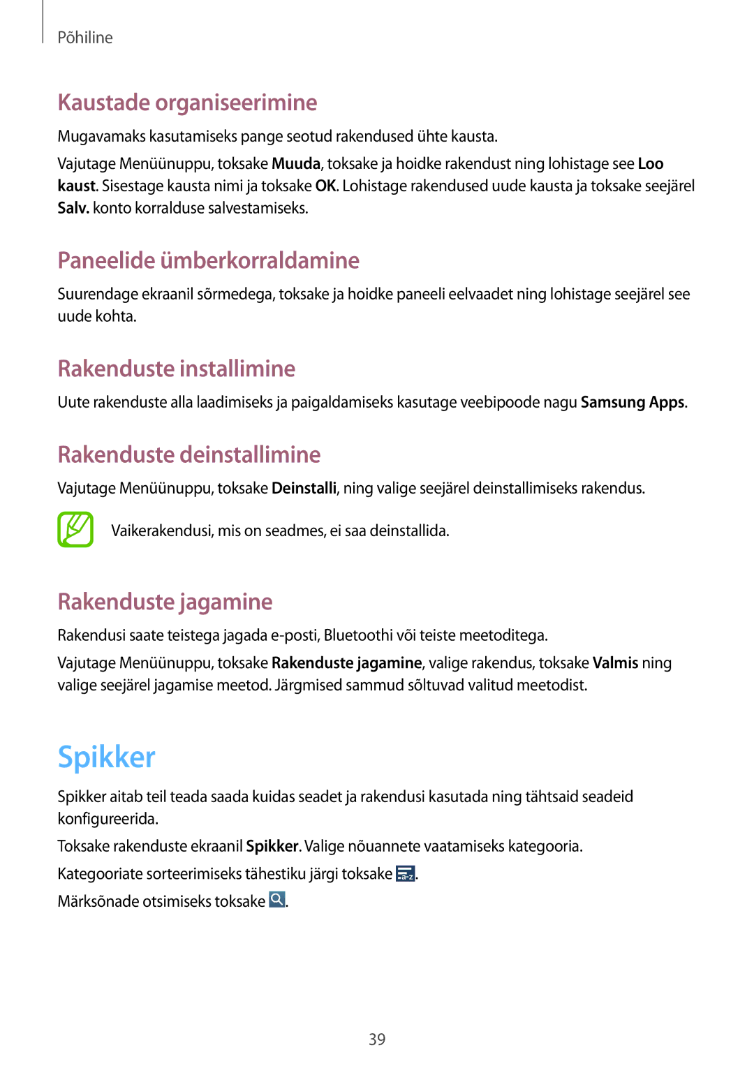 Samsung GT-I9295ZOASEB manual Spikker, Kaustade organiseerimine, Rakenduste installimine, Rakenduste deinstallimine 