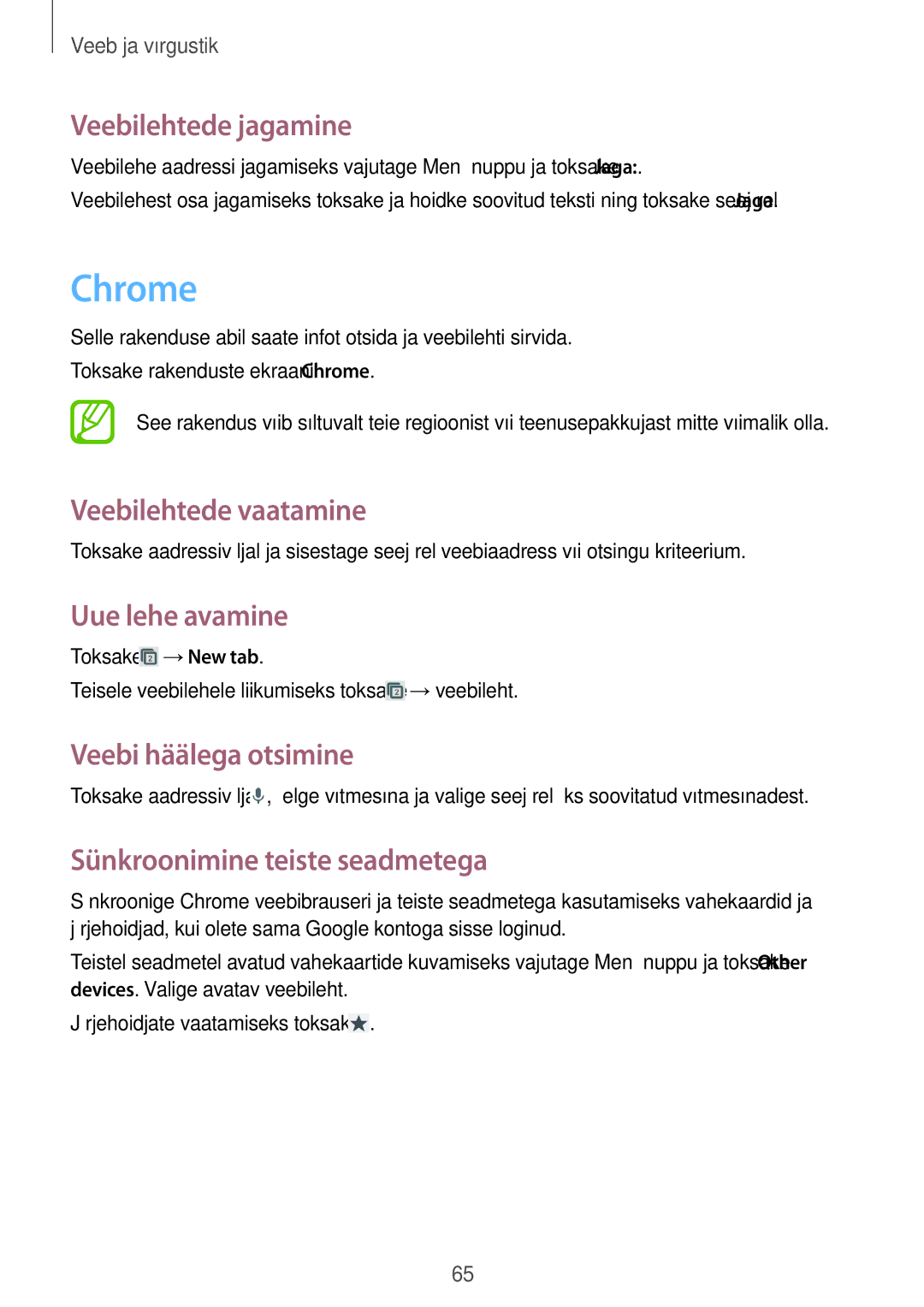 Samsung GT-I9295ZBASEB manual Chrome, Veebilehtede jagamine, Veebi häälega otsimine, Sünkroonimine teiste seadmetega 