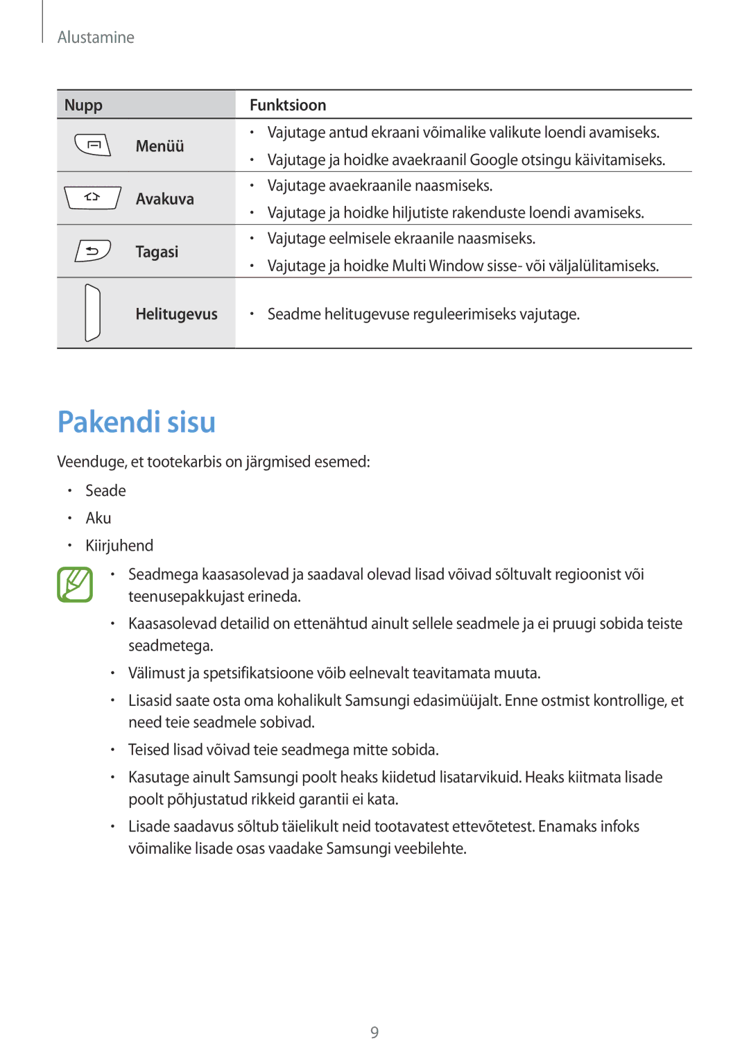 Samsung GT-I9295ZOASEB, GT-I9295ZAASEB, GT-I9295ZBASEB Pakendi sisu, Nupp Funktsioon Menüü, Avakuva, Tagasi, Helitugevus 