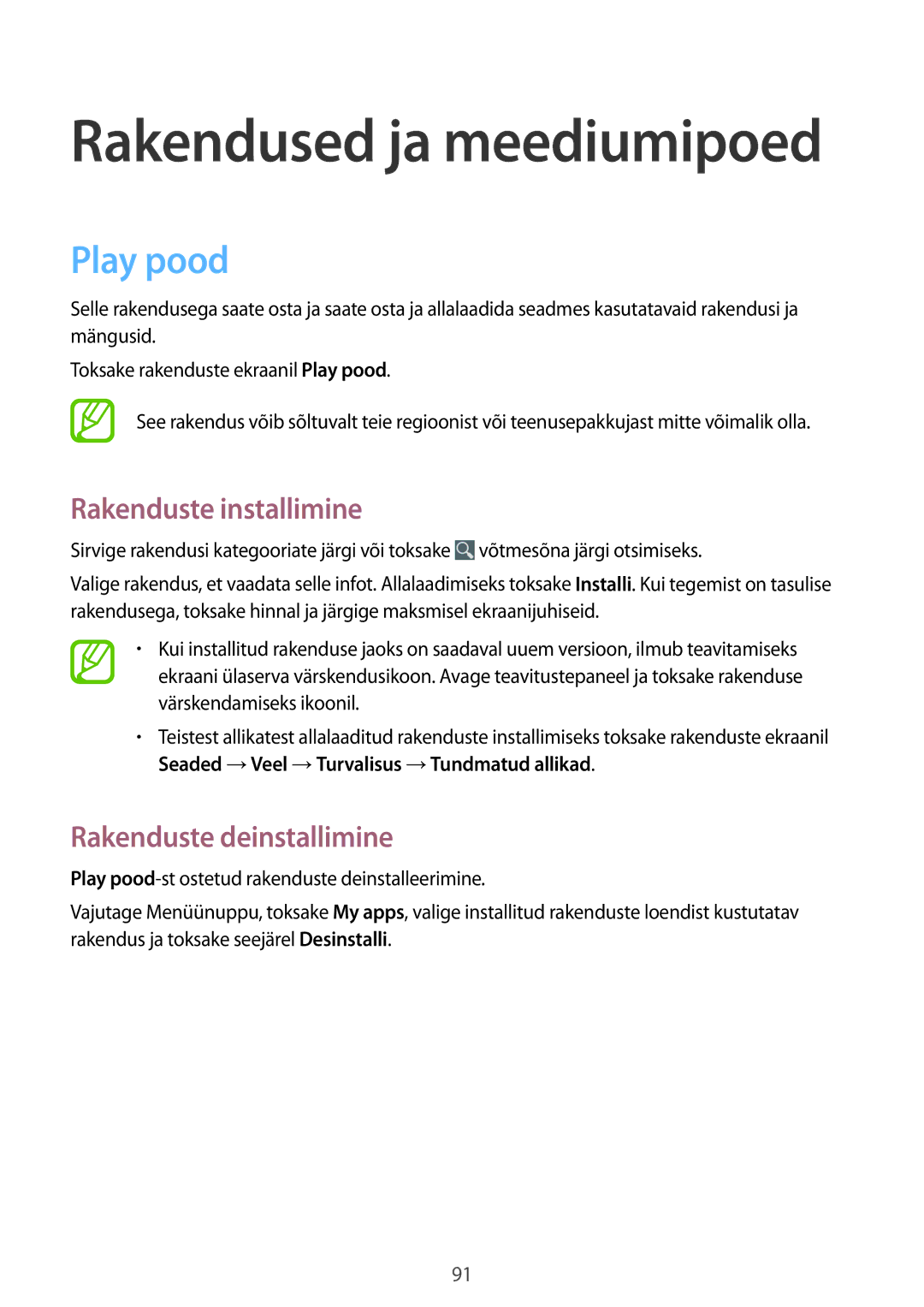 Samsung GT-I9295ZAASEB, GT-I9295ZOASEB, GT-I9295ZBASEB manual Rakendused ja meediumipoed, Play pood 