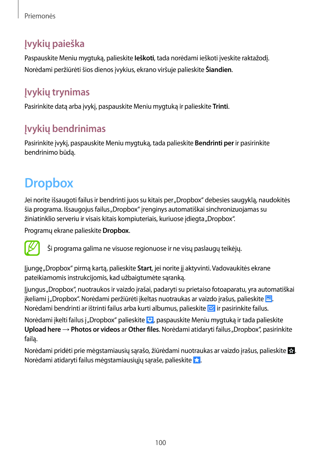 Samsung GT-I9295ZAASEB, GT-I9295ZOASEB, GT-I9295ZBASEB manual Dropbox, Įvykių paieška, Įvykių trynimas, Įvykių bendrinimas 