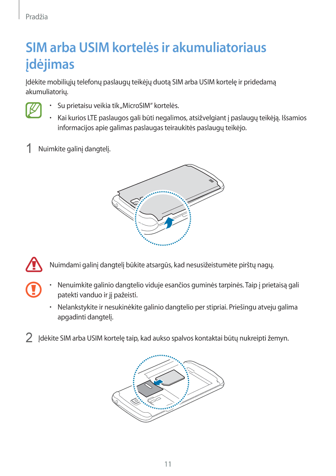 Samsung GT-I9295ZBASEB, GT-I9295ZOASEB, GT-I9295ZAASEB manual SIM arba Usim kortelės ir akumuliatoriaus įdėjimas 