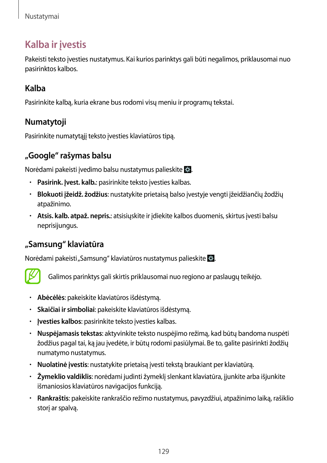 Samsung GT-I9295ZOASEB, GT-I9295ZAASEB manual Kalba ir įvestis, Numatytoji, „Google rašymas balsu, „Samsung klaviatūra 