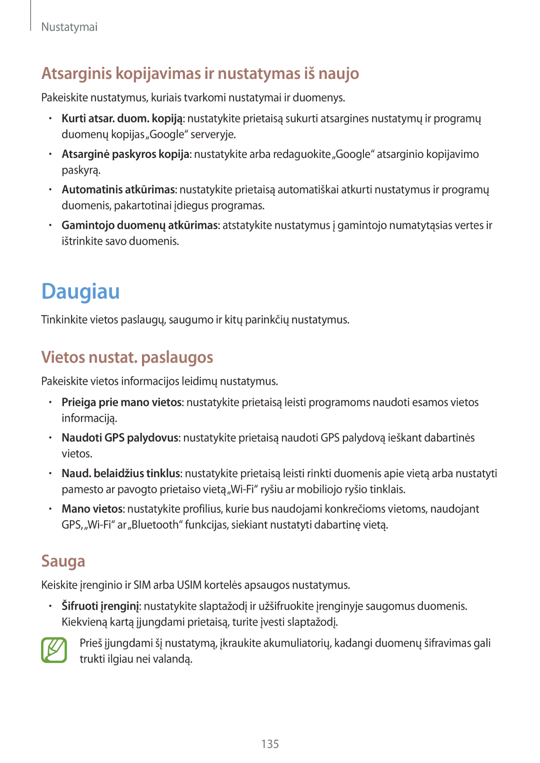 Samsung GT-I9295ZOASEB manual Daugiau, Atsarginis kopijavimas ir nustatymas iš naujo, Vietos nustat. paslaugos, Sauga 