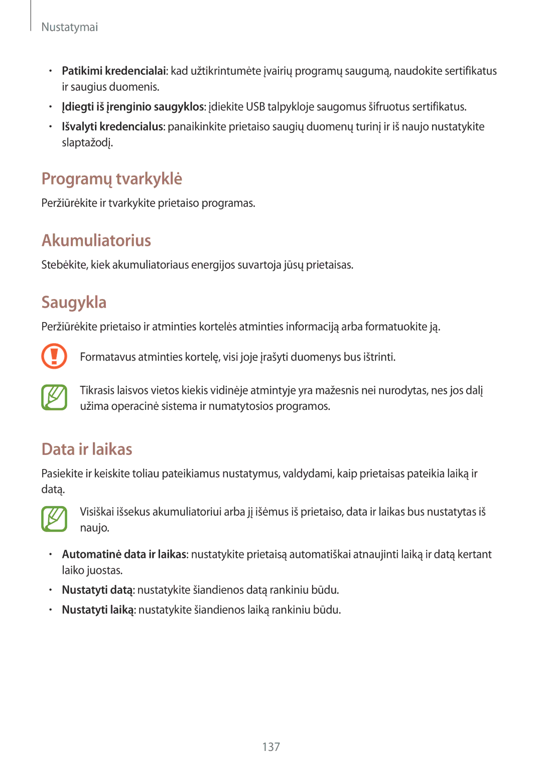 Samsung GT-I9295ZBASEB, GT-I9295ZOASEB, GT-I9295ZAASEB manual Programų tvarkyklė, Akumuliatorius, Saugykla, Data ir laikas 