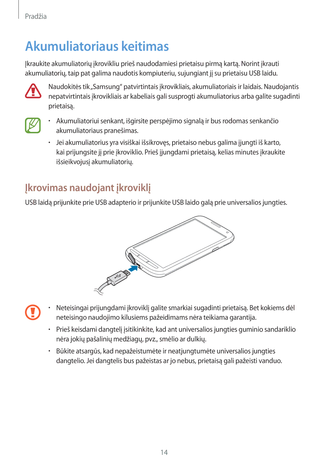 Samsung GT-I9295ZBASEB, GT-I9295ZOASEB, GT-I9295ZAASEB manual Akumuliatoriaus keitimas, Įkrovimas naudojant įkroviklį 