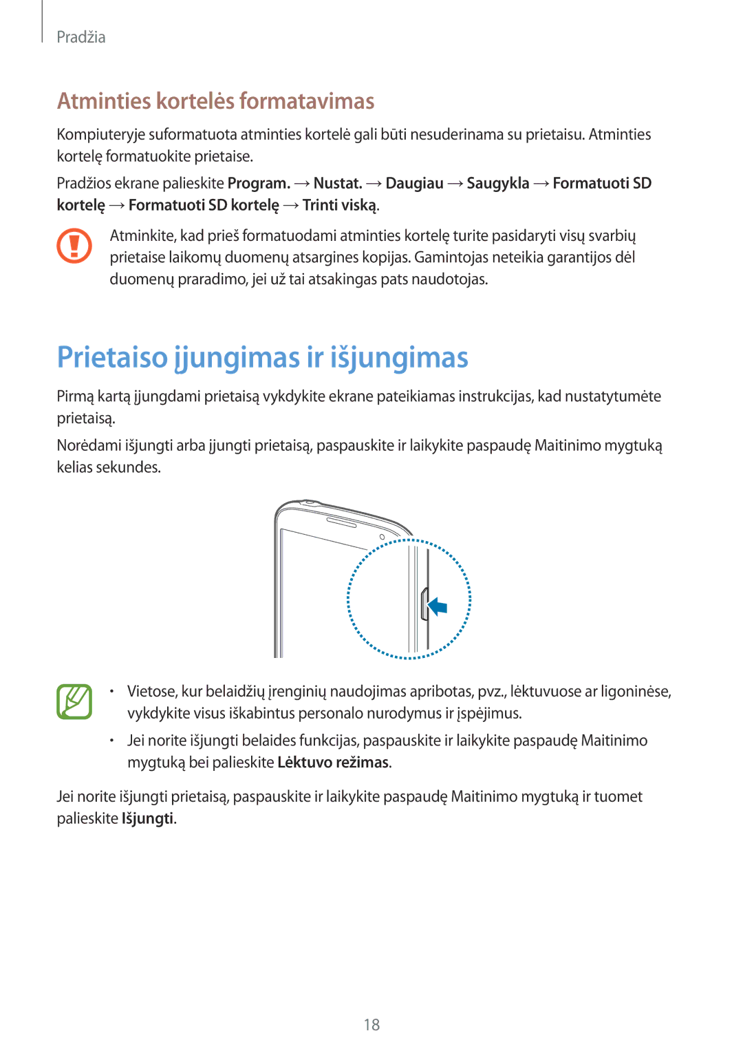 Samsung GT-I9295ZOASEB, GT-I9295ZAASEB, GT-I9295ZBASEB Prietaiso įjungimas ir išjungimas, Atminties kortelės formatavimas 