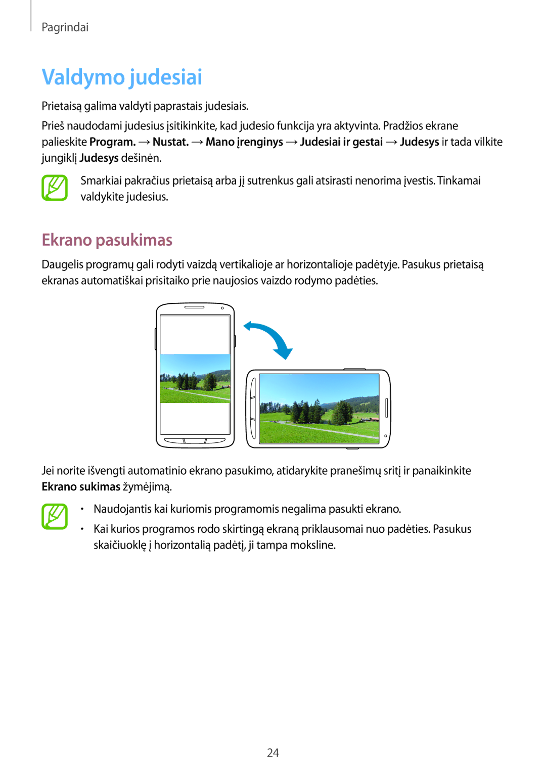 Samsung GT-I9295ZOASEB, GT-I9295ZAASEB, GT-I9295ZBASEB manual Valdymo judesiai, Ekrano pasukimas 