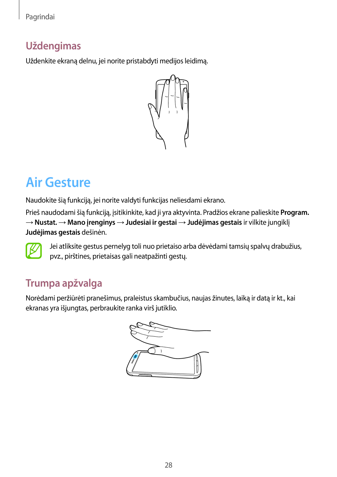 Samsung GT-I9295ZAASEB, GT-I9295ZOASEB, GT-I9295ZBASEB manual Air Gesture, Uždengimas, Trumpa apžvalga 