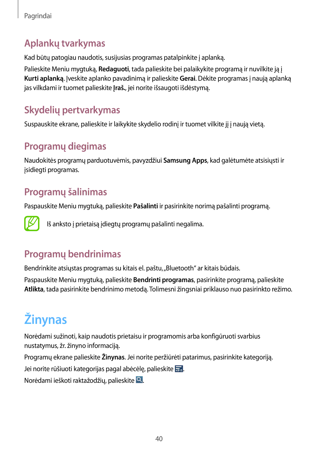 Samsung GT-I9295ZAASEB manual Žinynas, Aplankų tvarkymas, Programų diegimas, Programų šalinimas, Programų bendrinimas 