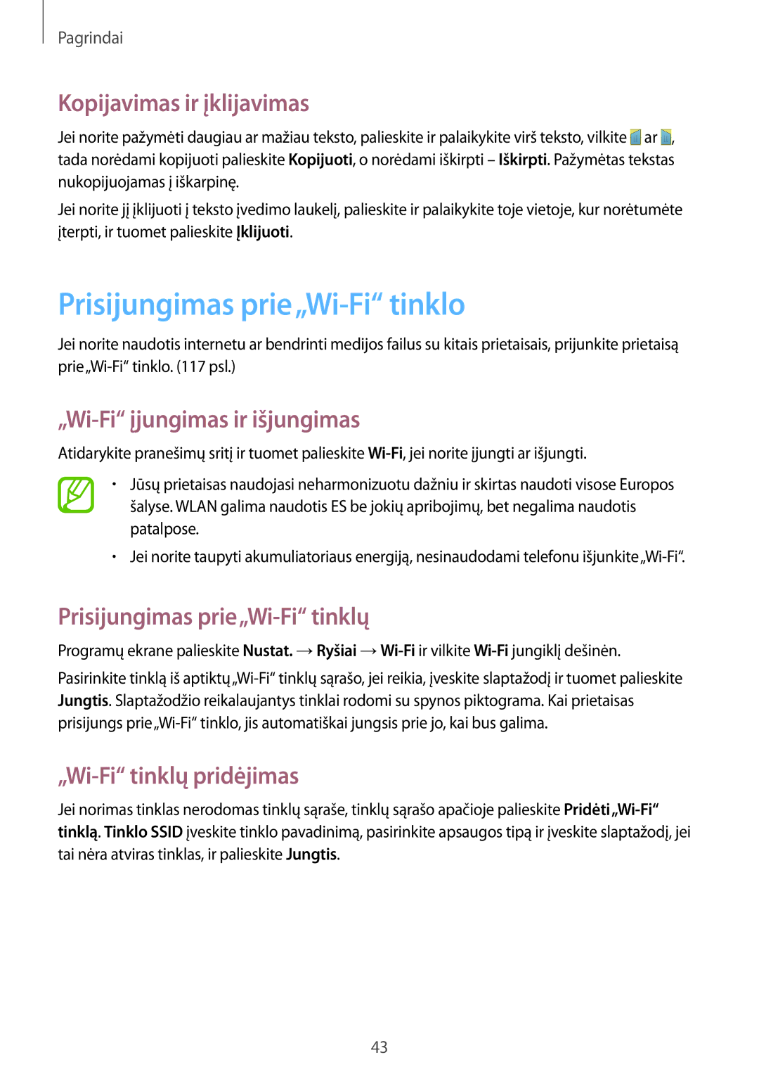 Samsung GT-I9295ZAASEB manual Prisijungimas prie„Wi-Fi tinklo, Kopijavimas ir įklijavimas, „Wi-Fi įjungimas ir išjungimas 