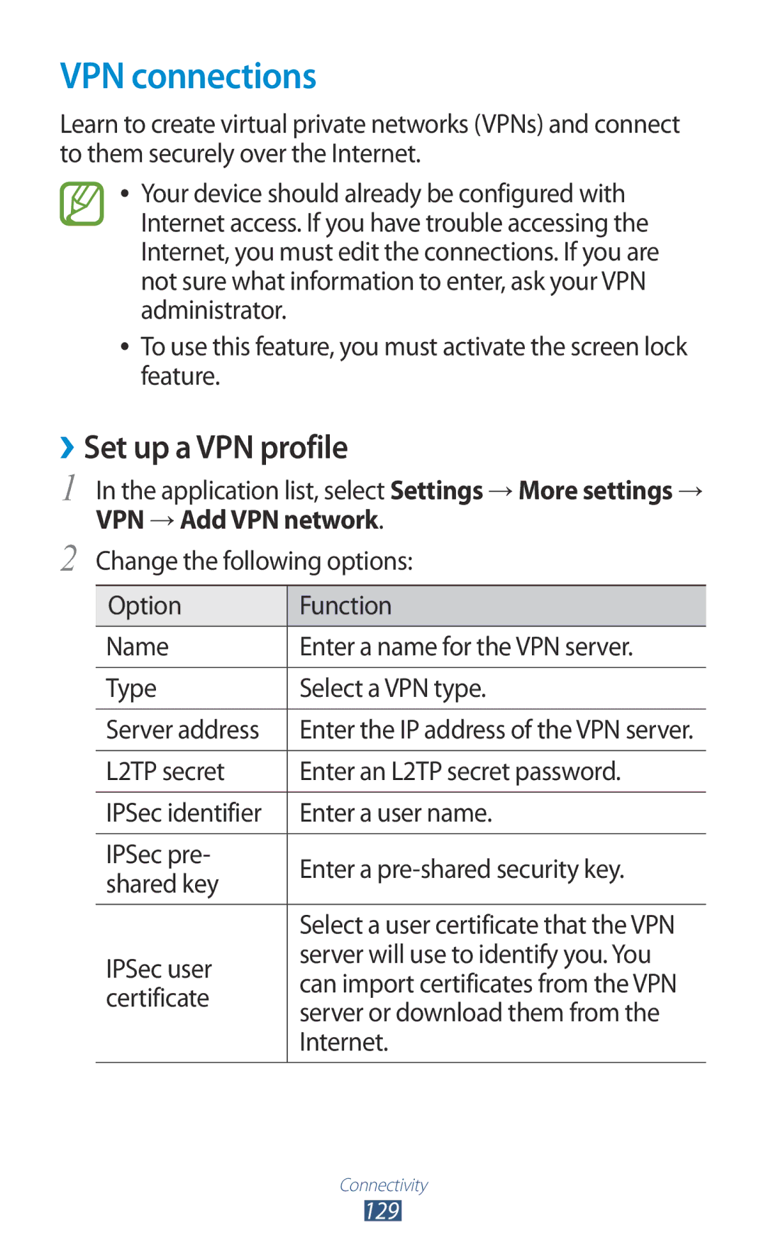 Samsung GT-I9300RWADBT user manual VPN connections, ››Set up a VPN profile, VPN → Add VPN network 