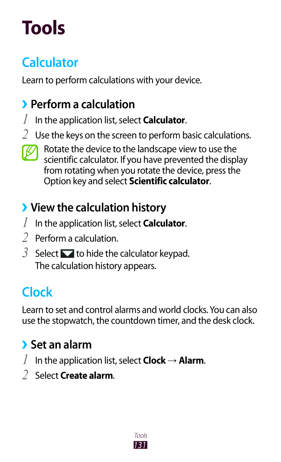 Samsung GT-I9300RWADBT Calculator, Clock, ››Perform a calculation, ››View the calculation history, ››Set an alarm 