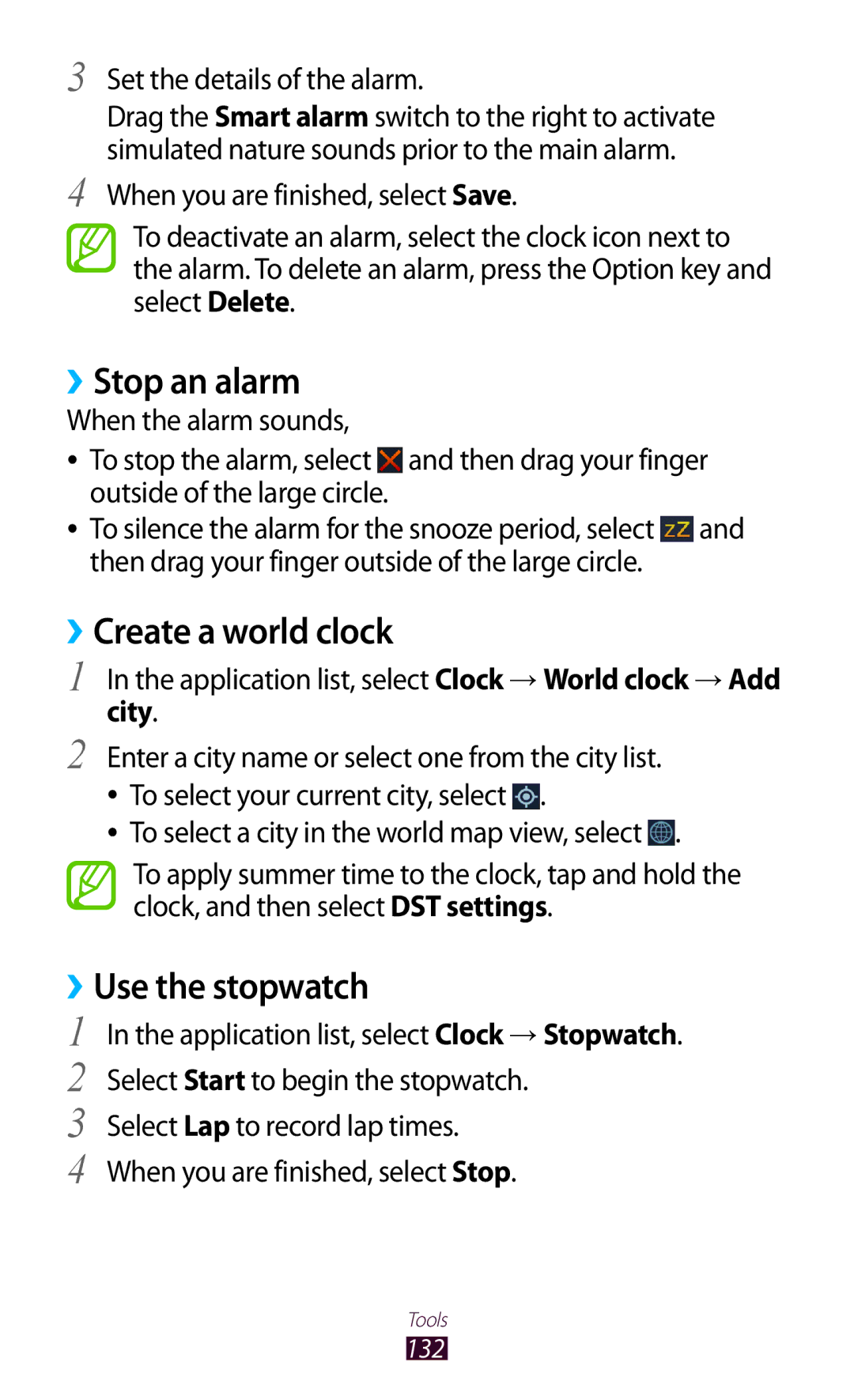 Samsung GT-I9300RWADBT user manual ››Stop an alarm, ››Create a world clock, ››Use the stopwatch, City 