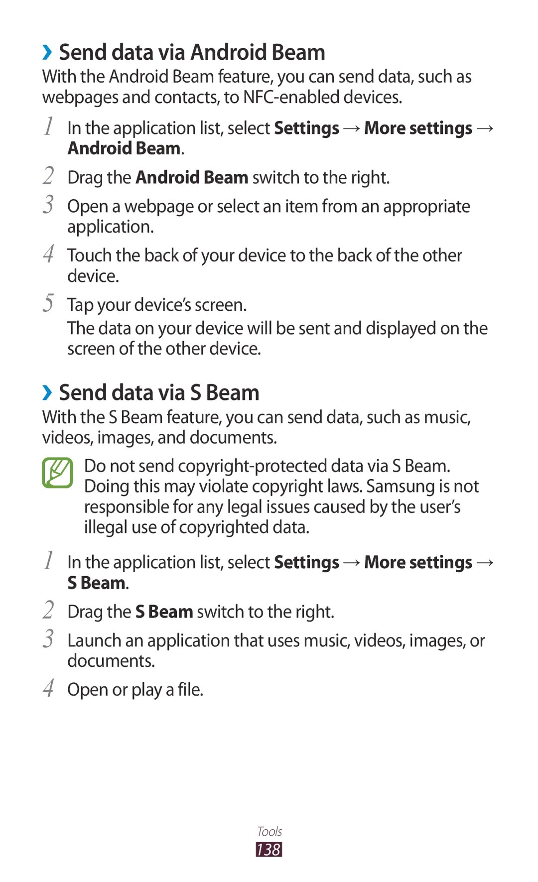 Samsung GT-I9300RWADBT user manual ››Send data via Android Beam, ››Send data via S Beam 