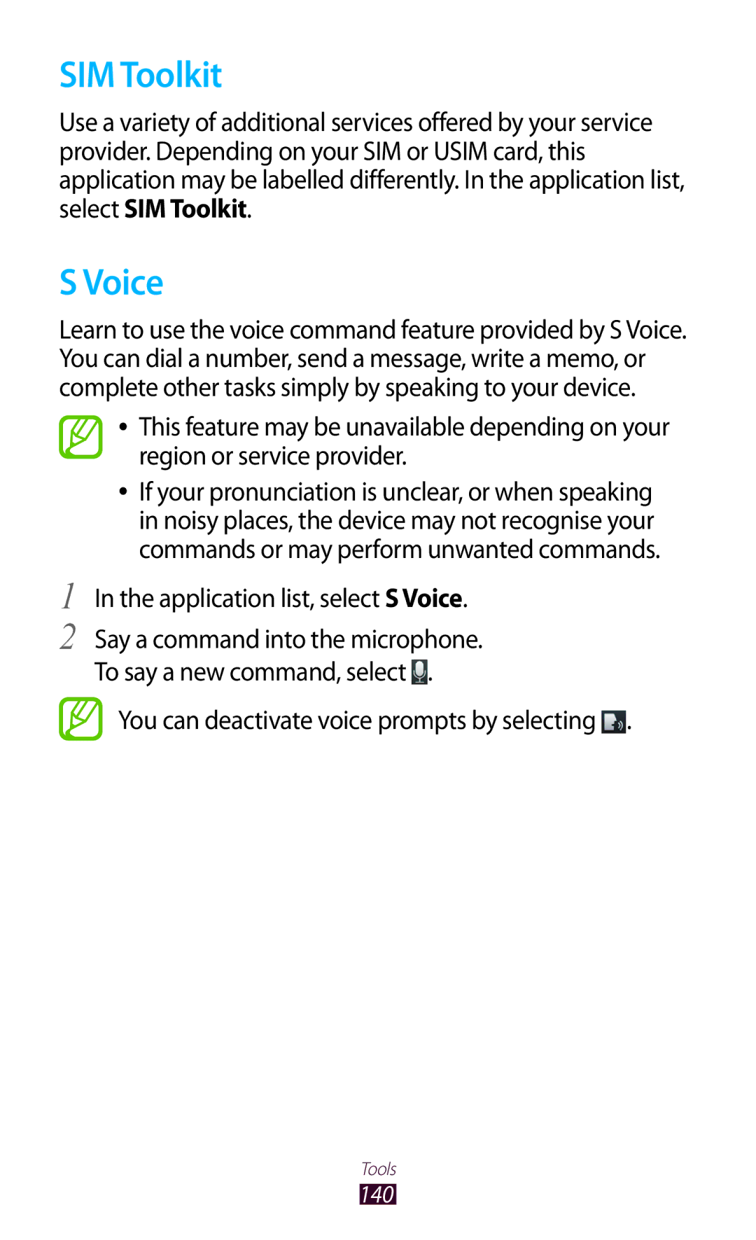 Samsung GT-I9300 SIM Toolkit, Application list, select S Voice, You can deactivate voice prompts by selecting 