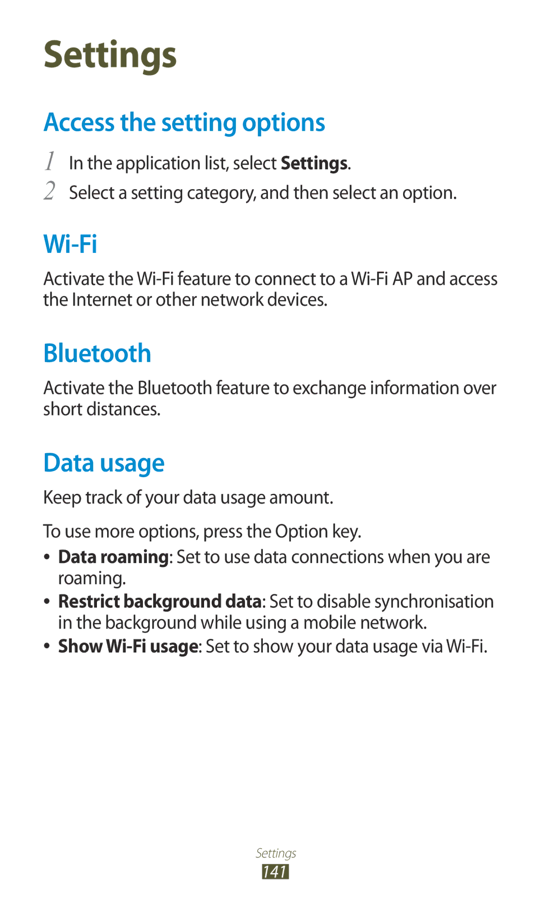 Samsung GT-I9300RWADBT user manual Access the setting options, Data usage 