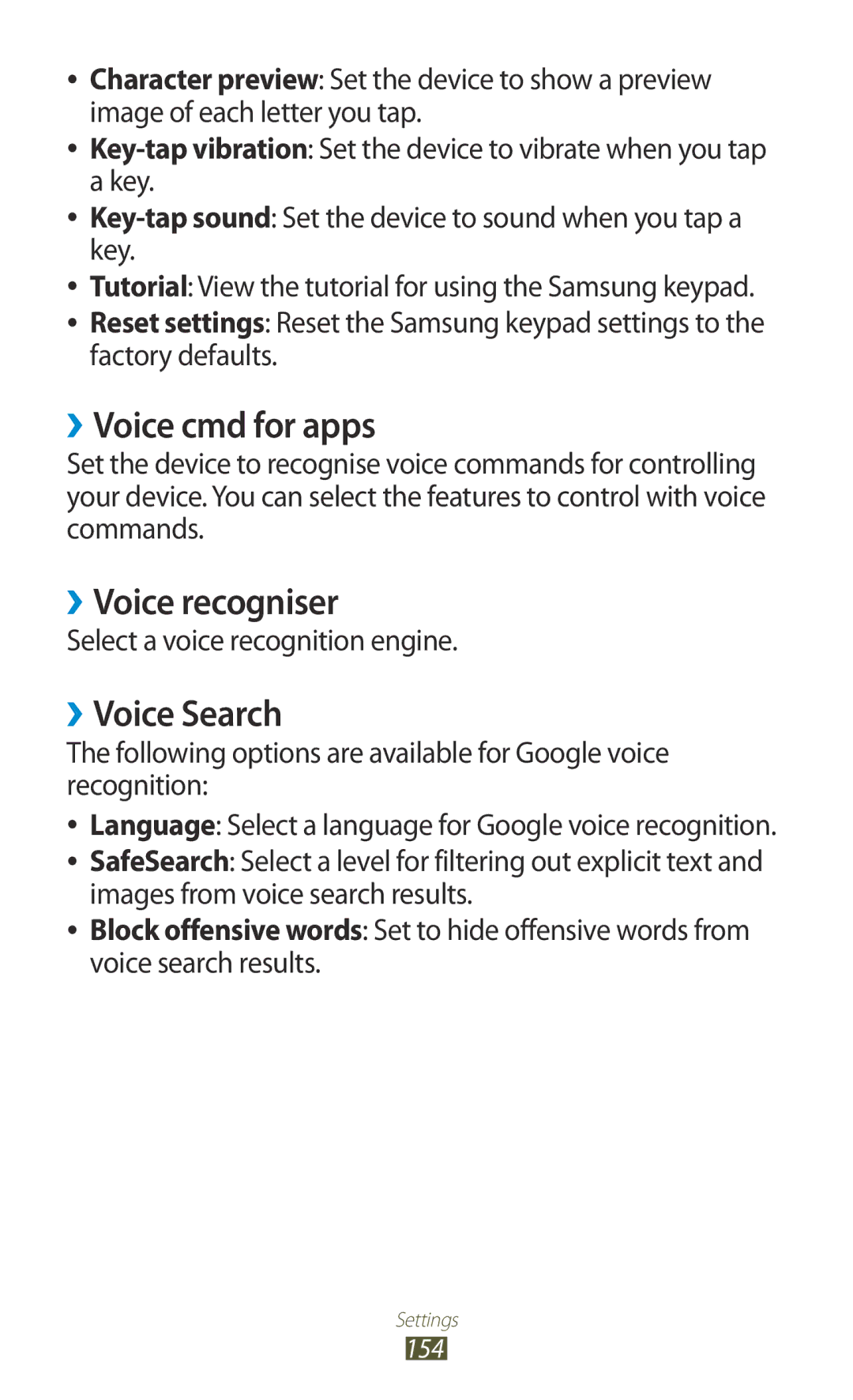 Samsung GT-I9300 user manual ››Voice cmd for apps, ››Voice recogniser, ››Voice Search, Select a voice recognition engine 