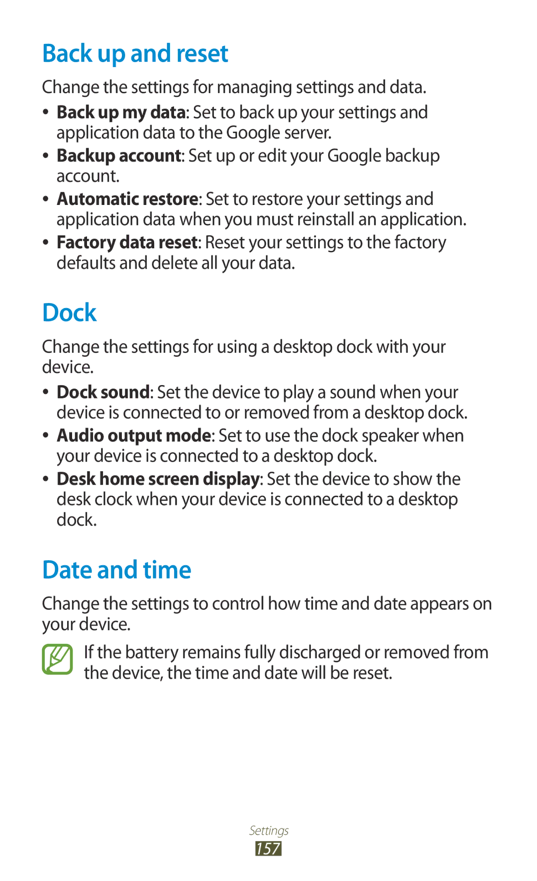 Samsung GT-I9300RWADBT Back up and reset, Dock, Date and time, Change the settings for managing settings and data 