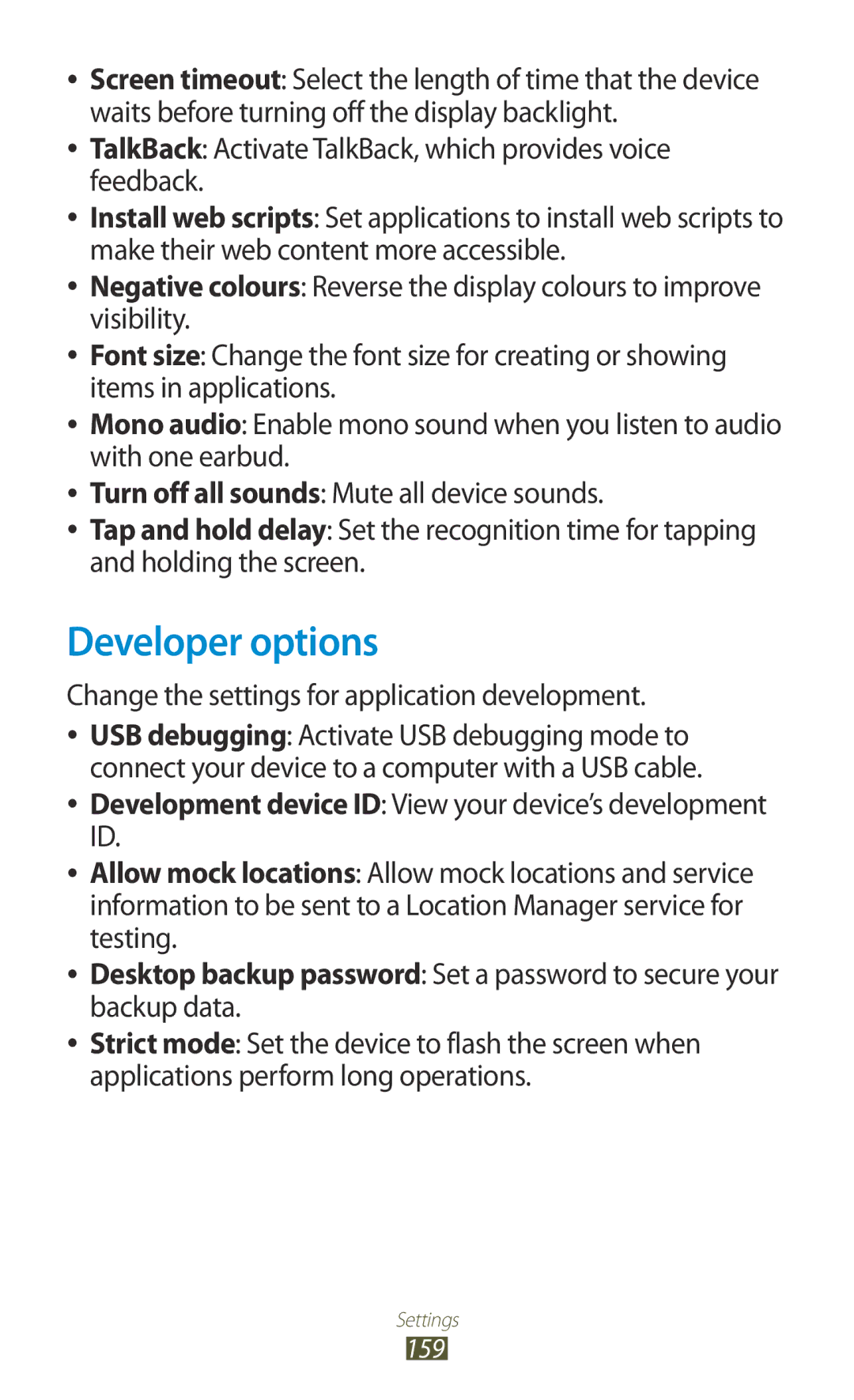 Samsung GT-I9300RWADBT user manual Developer options, Change the settings for application development 